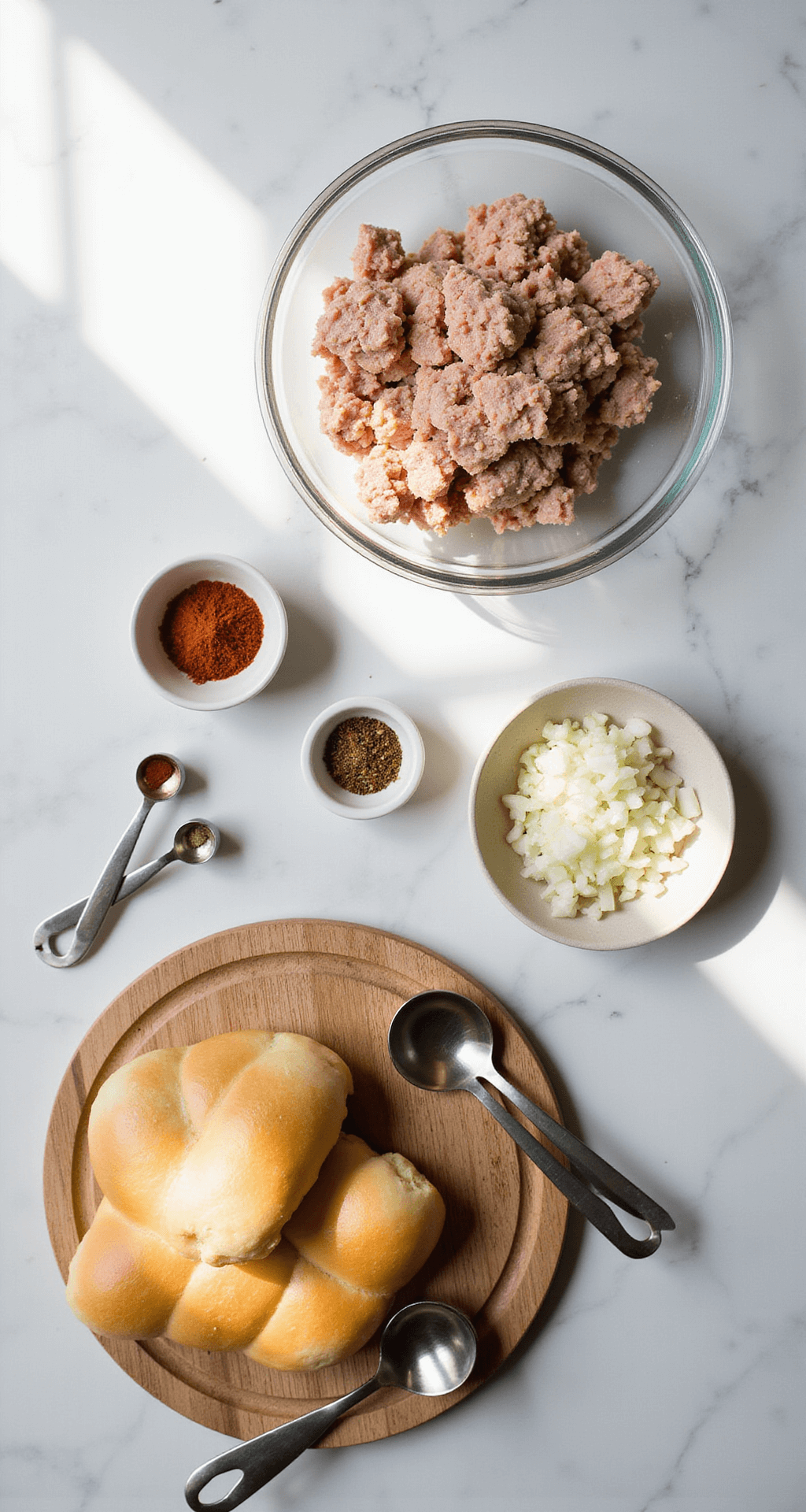 Overhead view of a marble countertop featuring raw ground turkey in a glass bowl, fresh slider buns, colorful seasonings in ceramic bowls, grated onions, a wooden cutting board, and stainless steel measuring spoons, with natural lighting creating soft shadows.