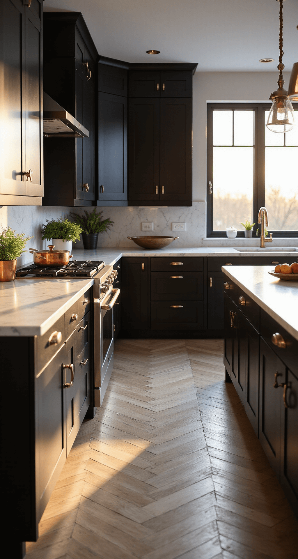 A modern black kitchen featuring matte black cabinets, Carrara marble countertops, and brass pendant lights, bathed in warm sunset light with white oak herringbone floors, copper cookware, and fresh herbs.