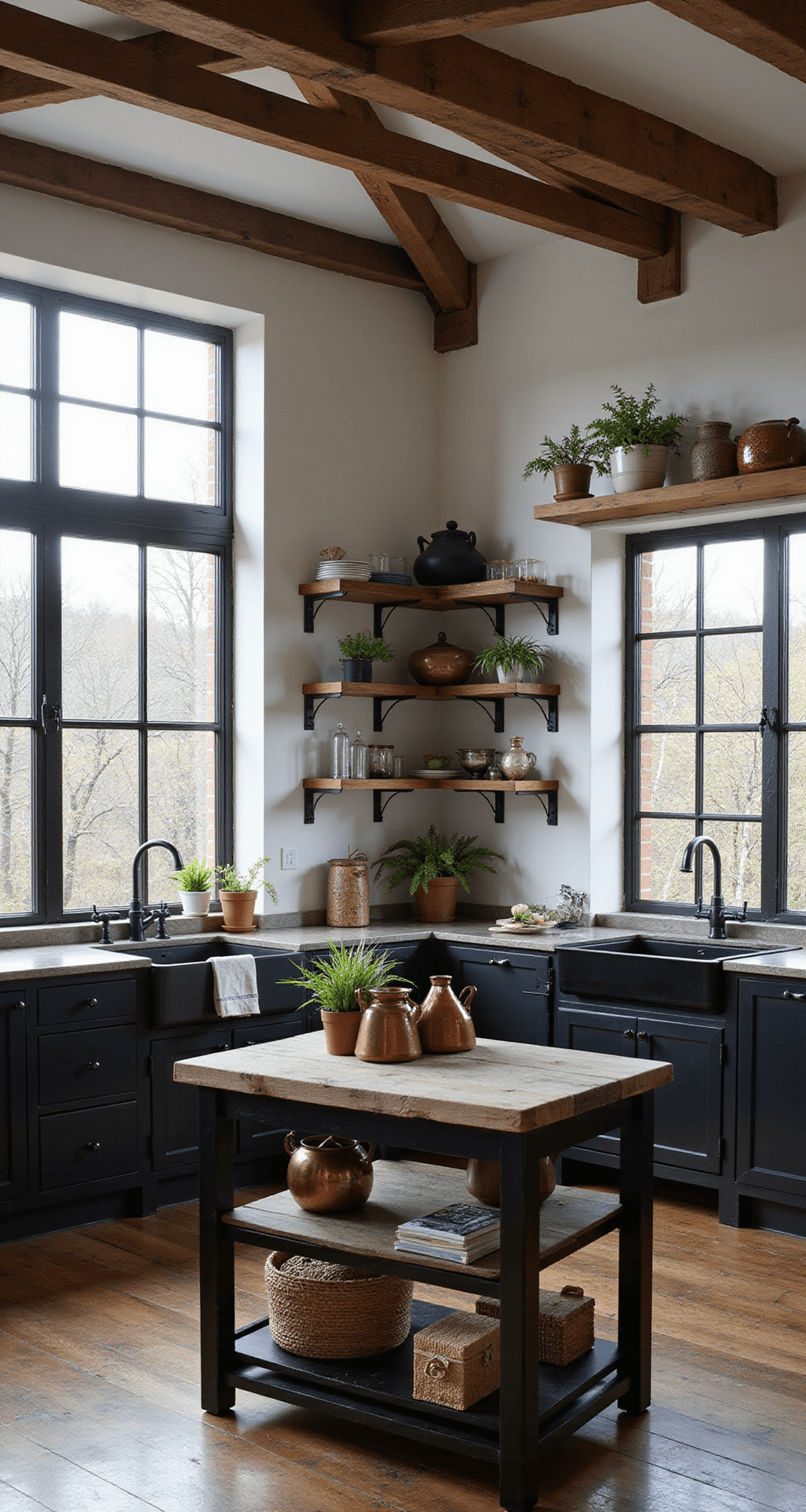 A rustic-modern black kitchen featuring lower black cabinets and white upper shelving, illuminated by late afternoon light through industrial windows, with a reclaimed wood island and vintage decor elements like copper pots and potted herbs.