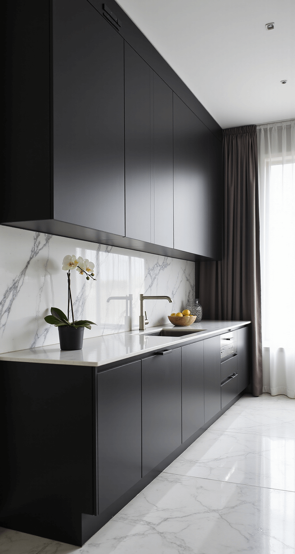 A contemporary open-concept kitchen featuring floor-to-ceiling black cabinets, a book-matched marble backsplash and counters, and diffused daylight through sheer curtains, with minimal styling including a single orchid stem and a geometric fruit bowl.
