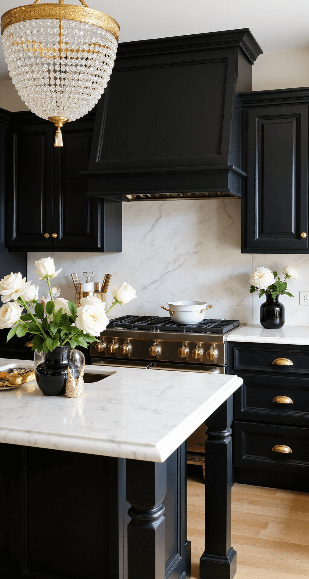A luxurious kitchen featuring black shaker cabinets with gold hardware, a crystal chandelier above a marble island, and morning light highlighting gold-rimmed glassware and fresh flowers in black vases.