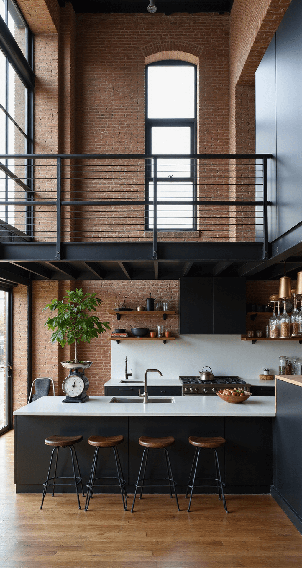 A spacious double-height industrial kitchen with matte black cabinets and an exposed brick wall, featuring black steel shelving with copper and brass accents. The view is from a mezzanine level, showcasing vintage scales, industrial lighting, and a potted fiddle leaf fig, all illuminated by natural light from large industrial windows.