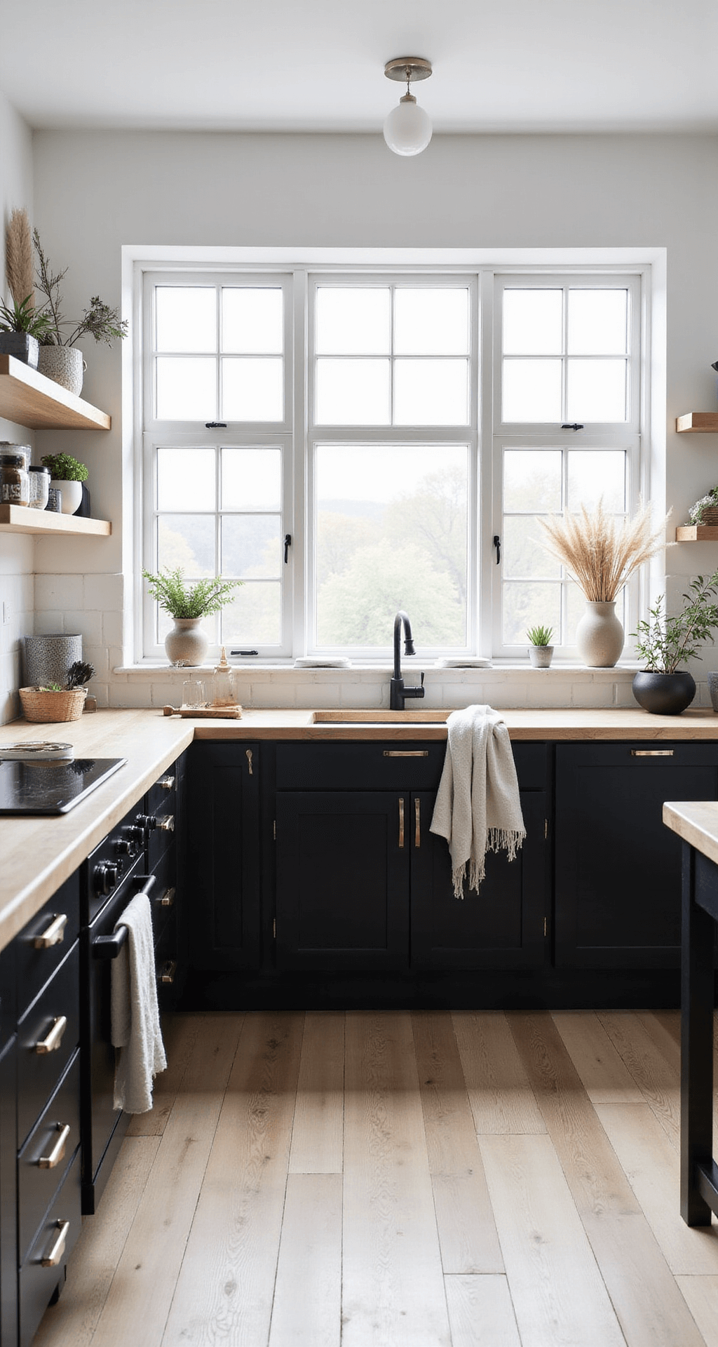 A bright Scandinavian kitchen featuring black lower cabinets and natural wood upper cabinets, with floor-to-ceiling windows, pale oak floors, and a butcher block island, styled with ceramic pottery, linen textiles, and dried grasses in a soft black, natural oak, and white color palette.