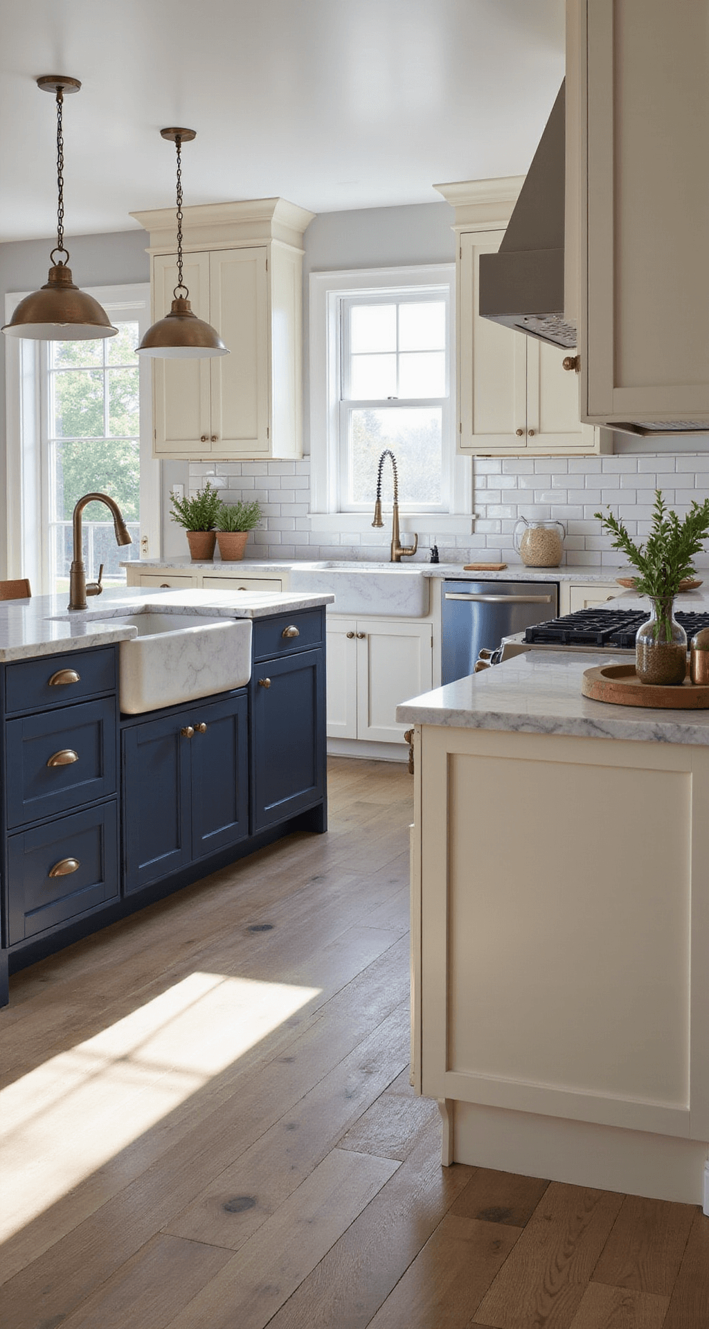 A contemporary kitchen featuring navy and cream two-tone shaker cabinets, a navy island with a marble waterfall countertop, and a white subway tile backsplash, all illuminated by morning light from floor-to-ceiling windows. The space includes artisanal ceramics, copper pots with fresh herbs, and a professional espresso setup, with wide plank white oak flooring and pendant lights above the island.