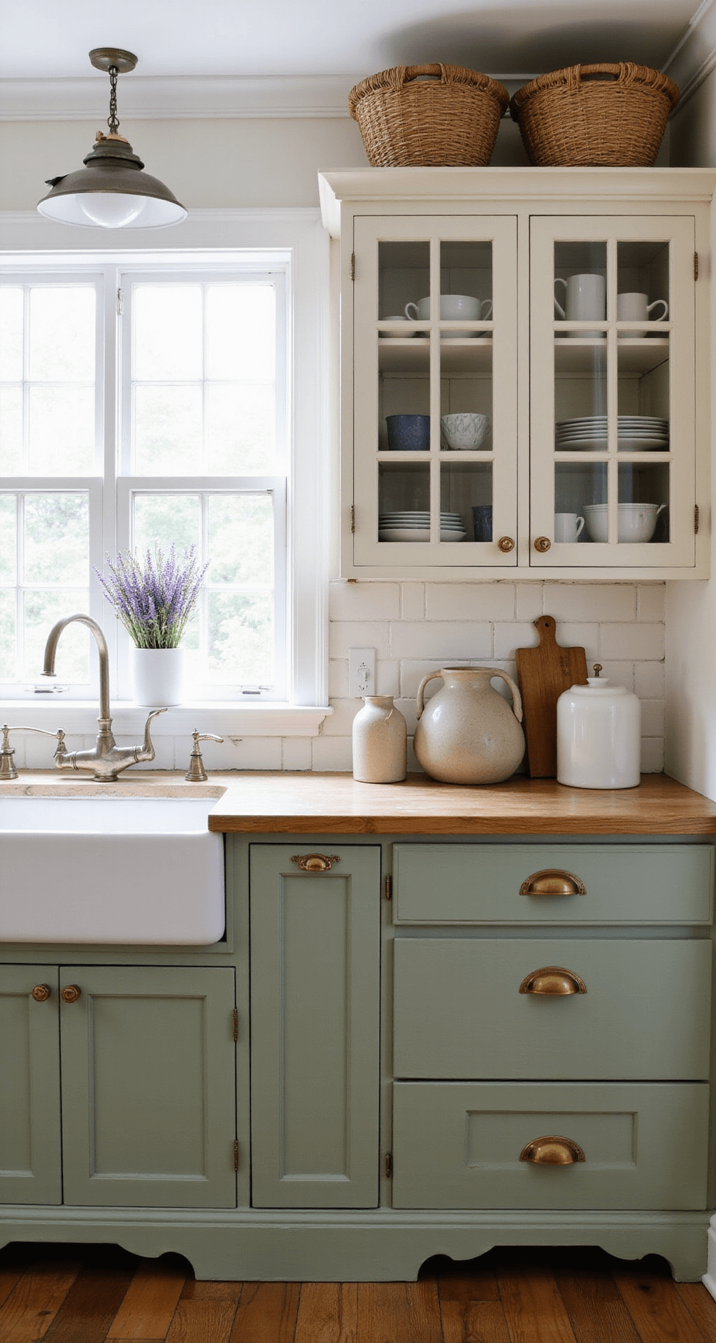 A rustic kitchen featuring sage green lower cabinets and creamy white upper cabinets with vintage glass fronts. Morning light streams through windows, highlighting the symmetrical cabinet arrangement. Decor includes woven baskets, earthenware crocks, and dried lavender. The warm wide plank oak flooring complements the natural textures.