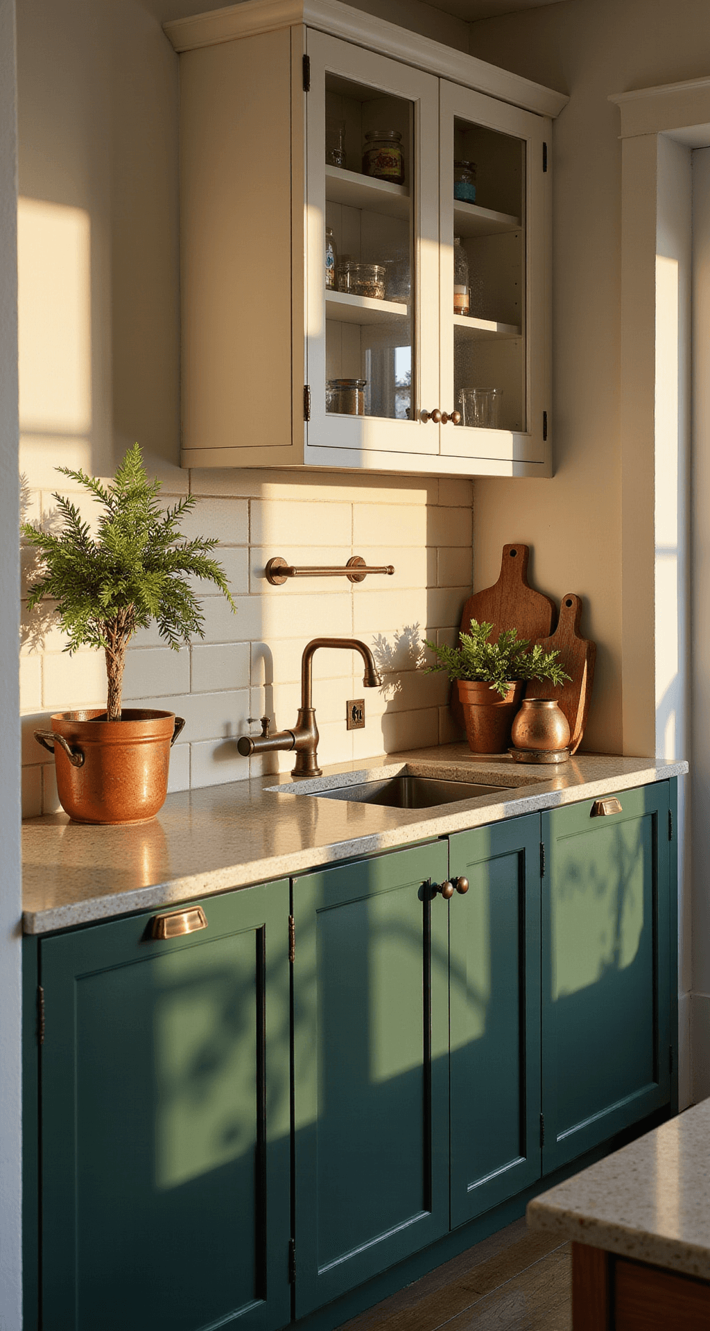 Cozy galley kitchen with matte forest green lower cabinets and white upper cabinets with glass fronts, featuring quartz countertops, antique brass fixtures, and handmade cream tiles. The scene is bathed in golden hour light, highlighting vintage copper cookware and potted ferns.