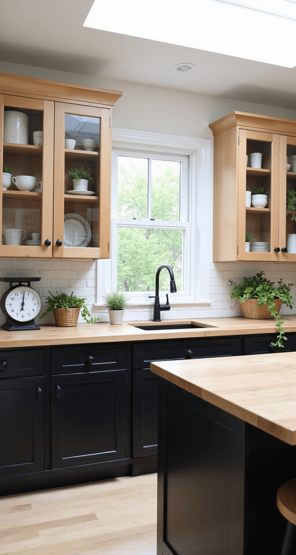 Modern farmhouse kitchen featuring a two-tone design with black lower cabinets and white oak upper cabinets, a large black center island with a butcher block top, a white painted brick backsplash, and matte black hardware. The space is illuminated by soft diffused light from a skylight, with decor including woven baskets, vintage scales, and trailing plants, viewed from an elevated angle to showcase the layout.