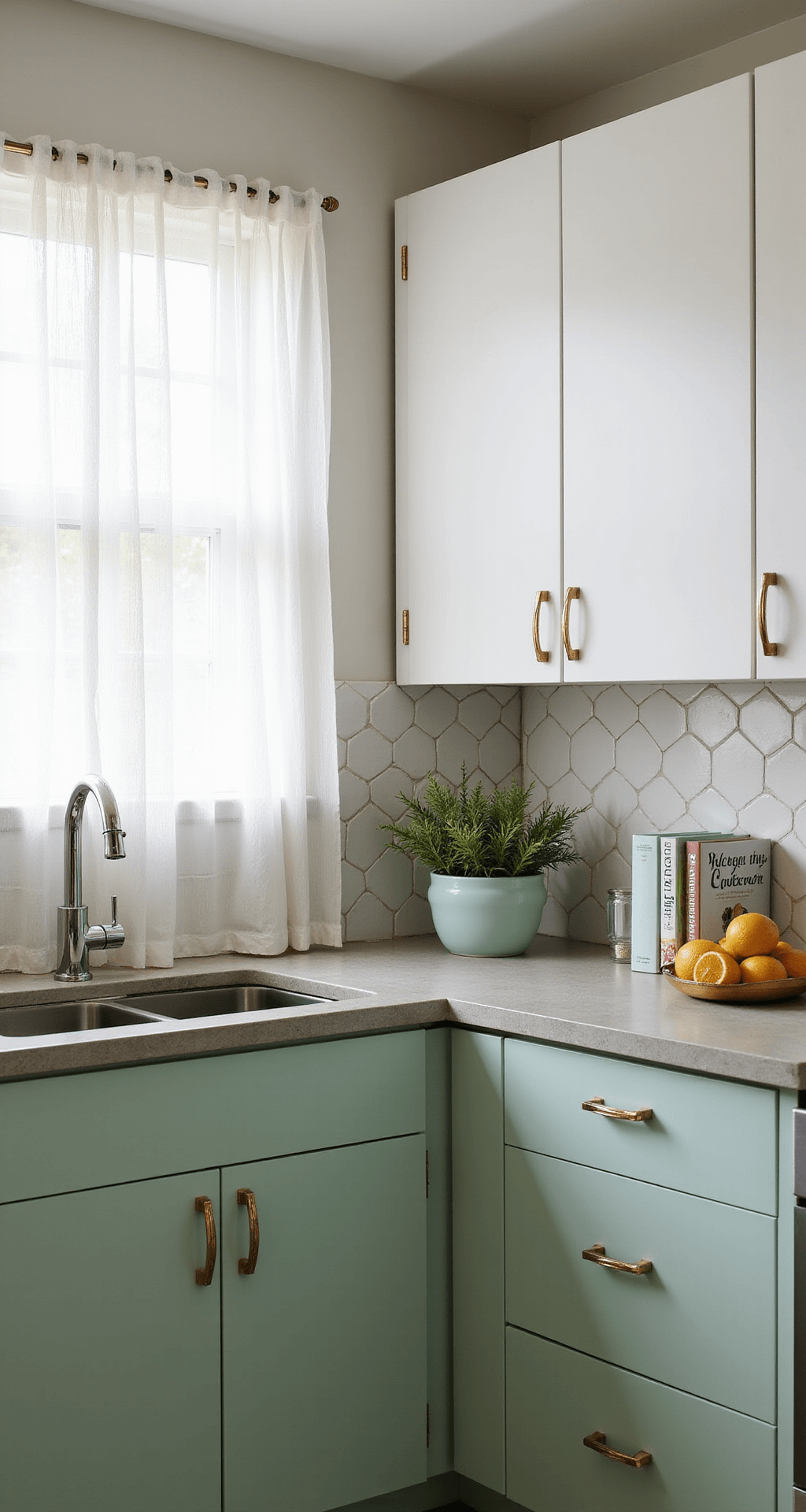 Sun-filled corner kitchen featuring mint green lower cabinets, white upper cabinets, concrete countertops, mixed metal fixtures, and a geometric tile backsplash, styled with pastel ceramics and fresh citrus.