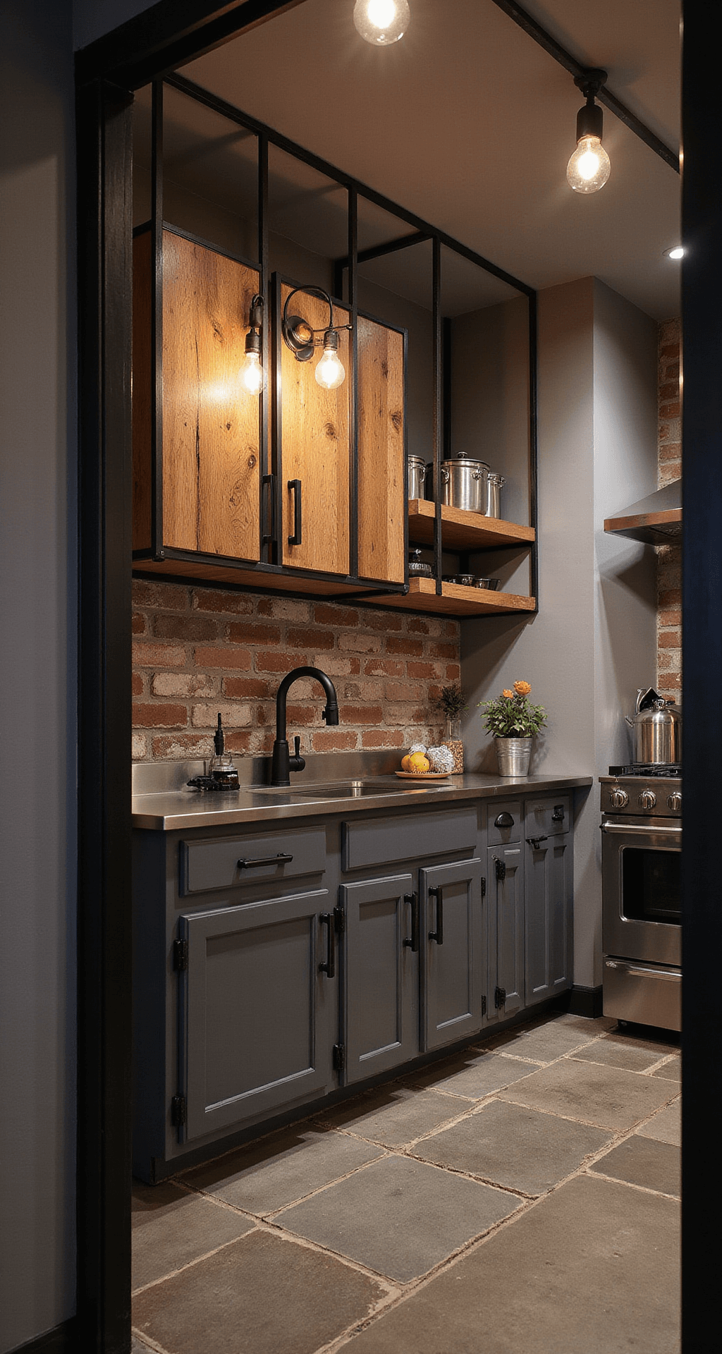 A moody industrial-chic kitchen featuring charcoal gray lower cabinets and raw wood upper cabinets with steel frames, stainless steel countertops, and an exposed brick backsplash, captured at dusk with warm lighting from Edison bulb pendants.