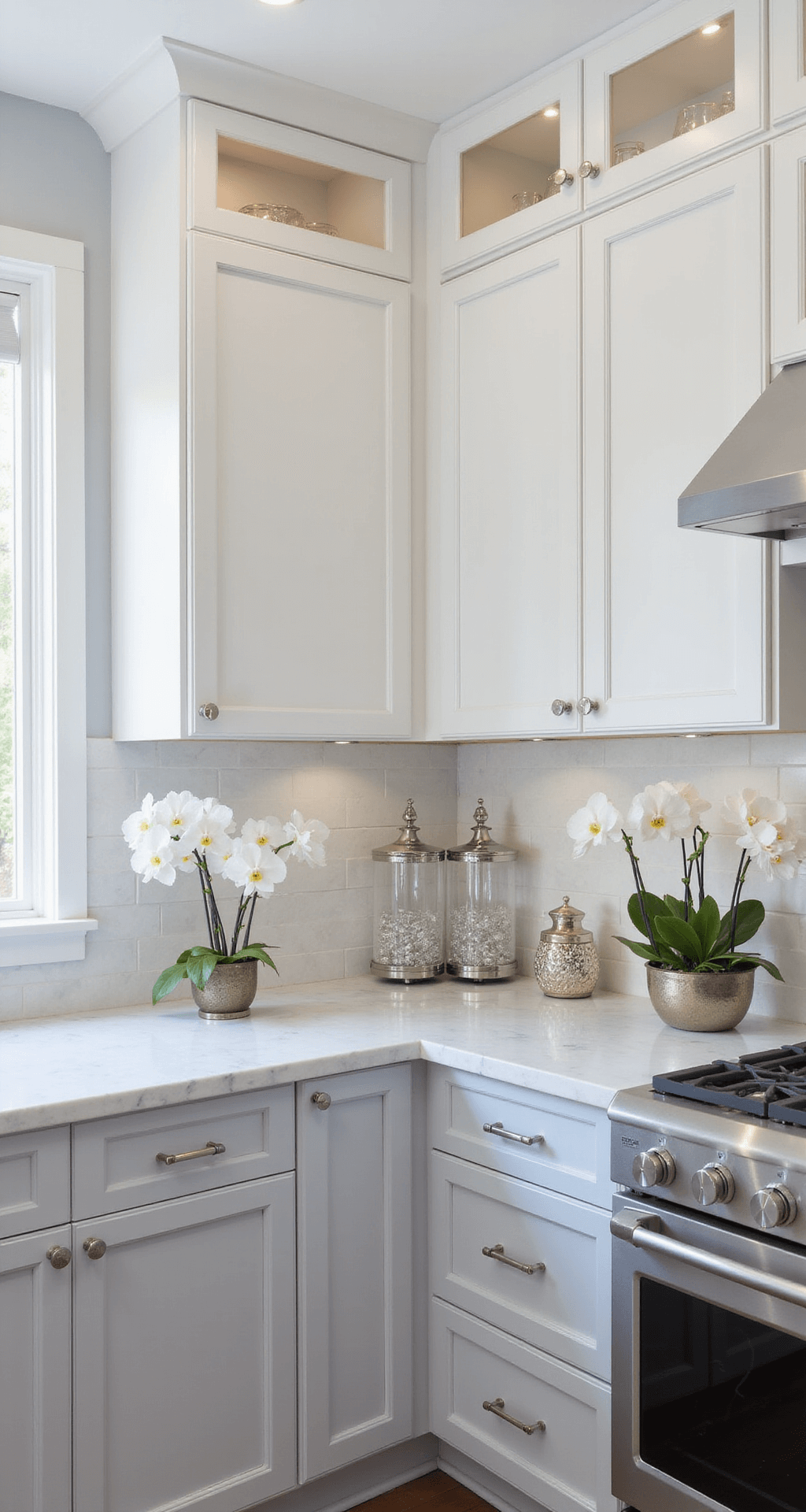 A transitional kitchen featuring soft gray lower cabinets and white upper cabinets in pearl finish, with Carrara marble countertops and full-height backsplash, illuminated by morning light and recessed lighting, styled with white orchids, crystal decanters, and silver serving pieces.