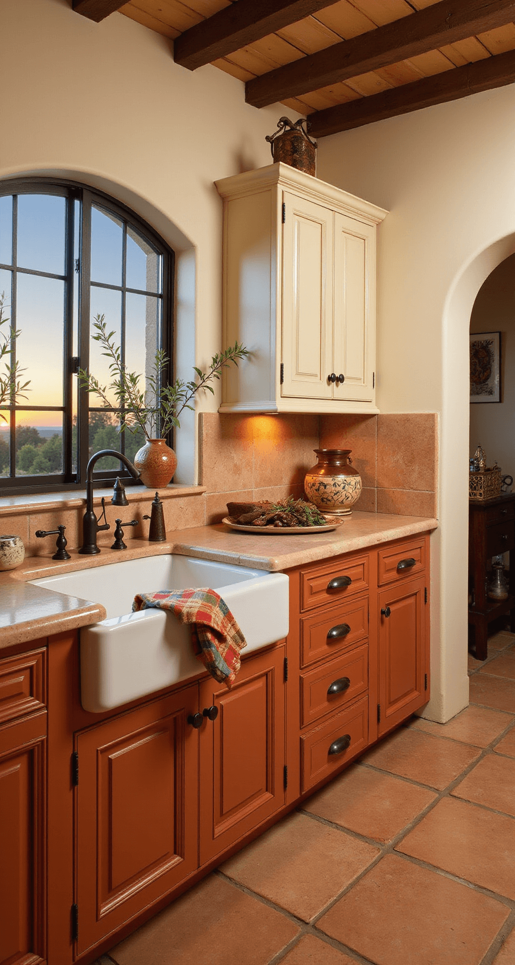 A Mediterranean-inspired kitchen featuring burnt orange lower cabinets and ivory upper cabinets illuminated by warm sunset light, with limestone countertops and a terracotta tile backsplash, viewed through an arched doorway. Decorated with olive branches, earthenware pottery, and vintage copper vessels, and highlighted by an arched window above the sink.