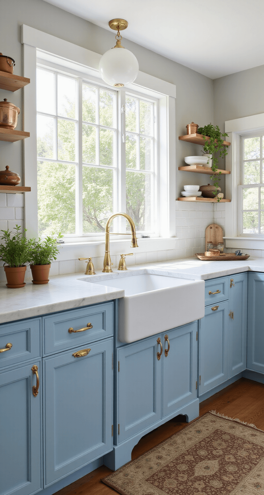A bright coastal-style kitchen featuring blue Shaker cabinets, white Carrara marble countertops, a farmhouse sink, and brass hardware, bathed in morning sunlight with a vintage rug and natural decor elements.