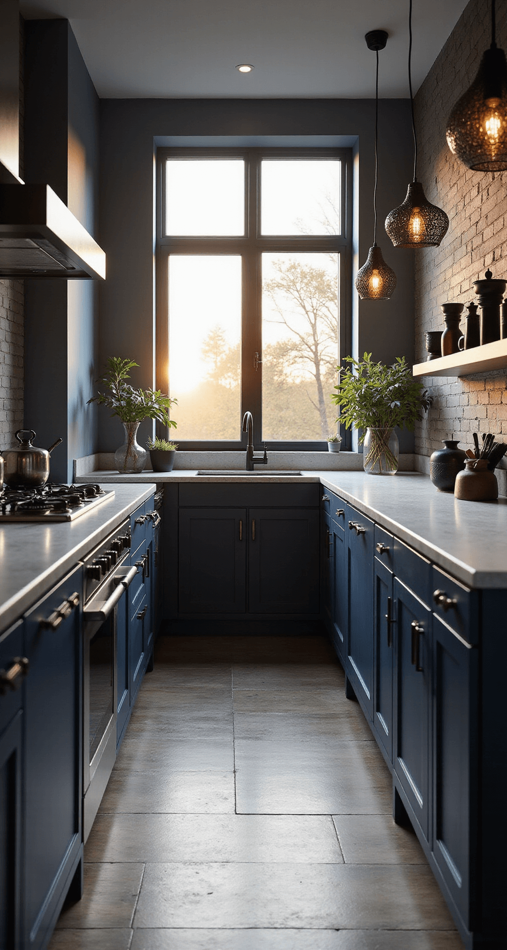 An intimate modern galley kitchen featuring midnight blue flat-panel cabinets, white quartz waterfall countertops, and matte black hardware, illuminated by golden hour light through floor-to-ceiling windows, with geometric pendant lights casting shadows, styled with minimalist accessories.