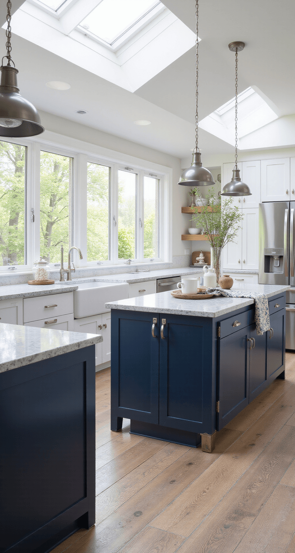Aerial view of a spacious transitional kitchen featuring navy blue lower cabinets and white upper cabinets, illuminated by afternoon light through skylights. The large island with grey veined quartz is complemented by polished nickel hardware and industrial pendant lights. Styled with white ceramics, glass canisters, and a vintage runner, the space showcases a modern yet inviting ambiance.