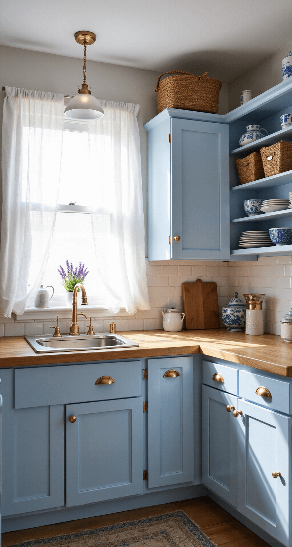 A cozy beachy cottage kitchen featuring sky blue cabinets, white subway tile backsplash, and butcher block counters, illuminated by early morning light through sheer curtains. The scene is styled with woven baskets, blue-and-white chinaware, and potted lavender, all captured at eye level to highlight intimate details.