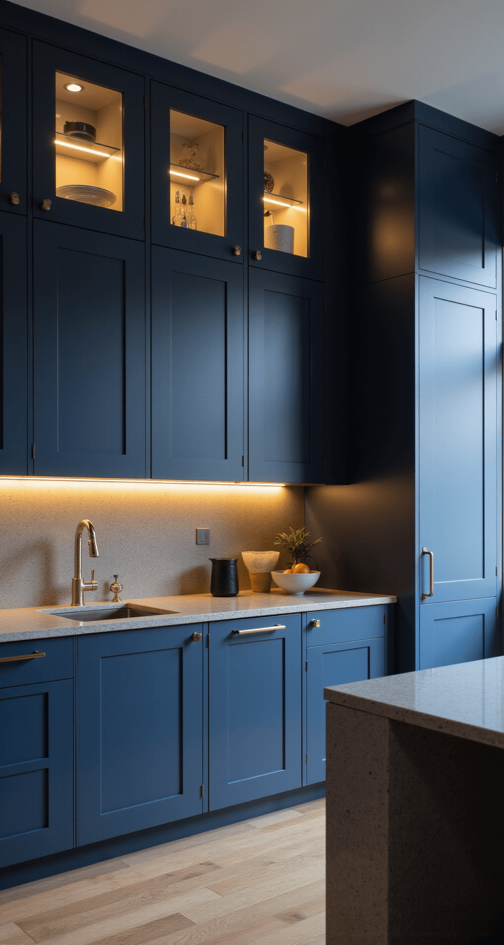 A contemporary luxe kitchen featuring navy blue floor-to-ceiling cabinets, glass-front display units with indirect LED lighting, and a waterfall quartz island, captured from an elevated angle in moody afternoon light.