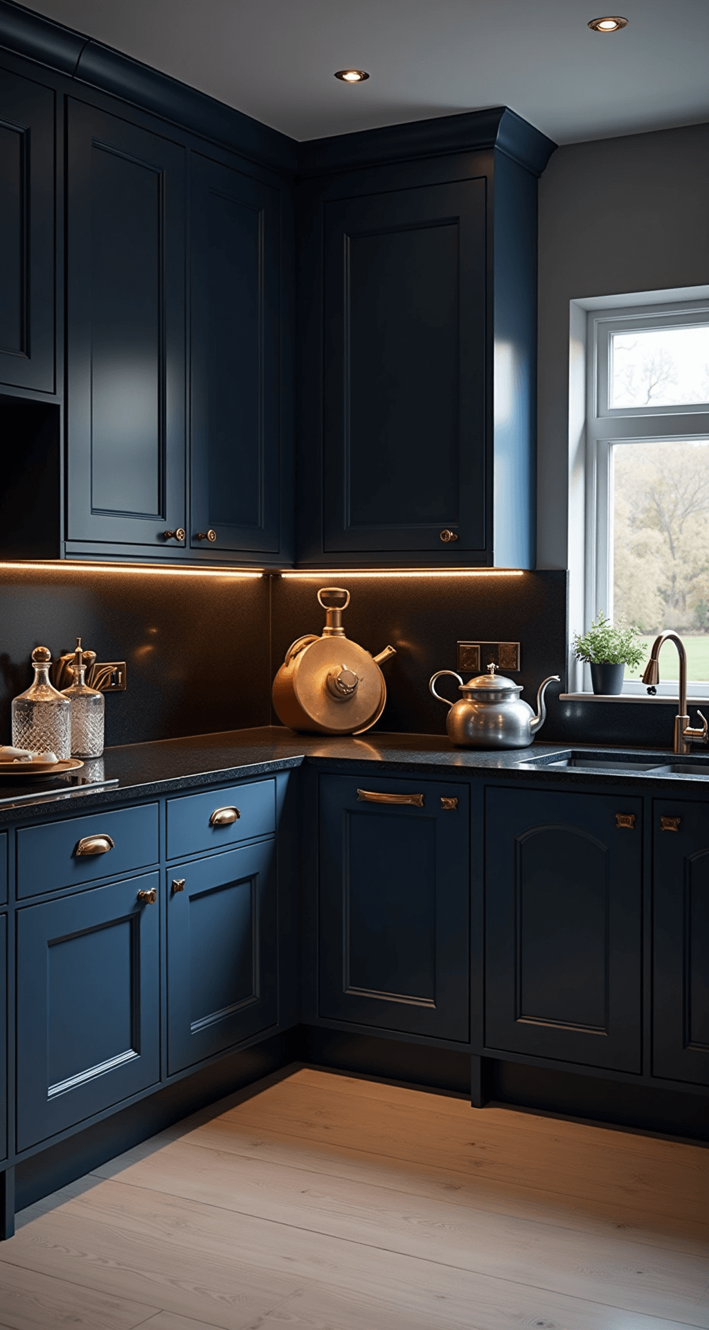 A dramatic kitchen featuring glossy midnight blue cabinets, black granite countertops, and brass hardware, illuminated by dusk lighting with under-cabinet LED lights; styled with crystal decanters and copper cookware, captured from a corner view to highlight its height and depth.