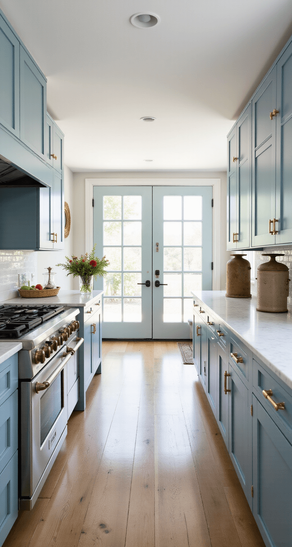 A bright modern farmhouse kitchen featuring powder blue Shaker cabinets, white oak floors, and marble countertops, accented with aged brass pulls and stainless appliances, styled with vintage scales, earthenware crocks, and fresh market flowers, illuminated by mid-morning light through French doors.