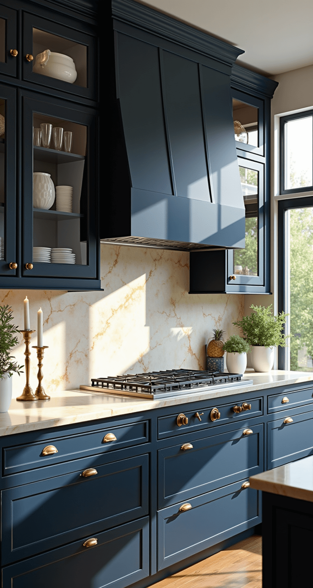 Upscale kitchen with deep navy cabinets and glass-front uppers illuminated by afternoon sun, featuring Calacatta gold marble counters and antique brass hardware, styled with brass candlesticks and potted olive trees.
