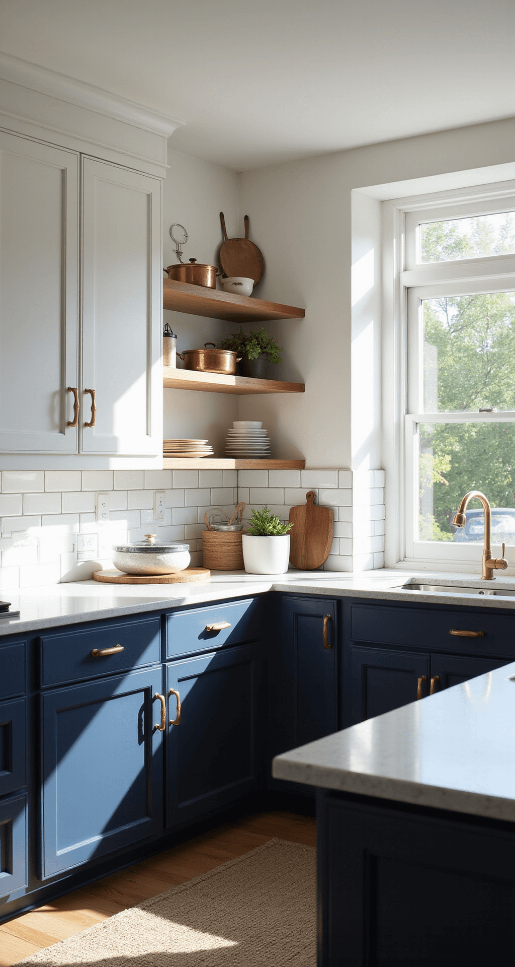 Bright, airy kitchen featuring two-tone cabinets with white uppers and navy lowers, quartz countertops, and brass hardware. Morning sunlight streams through large windows, casting soft shadows on refinished cabinet faces. Copper cookware is artfully arranged on open shelving, complemented by a vintage runner for added texture. The image captures the dramatic transformation from before to after renovation, shot at counter height with a 28mm lens.