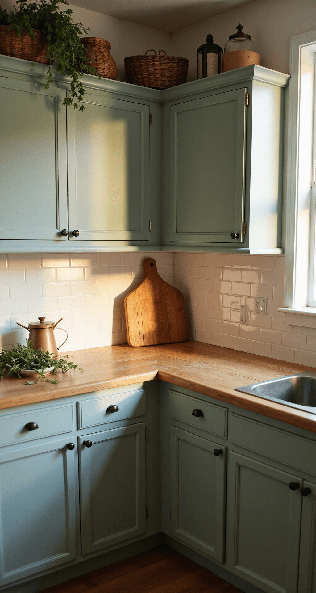 Intimate view of a farmhouse kitchen corner with natural wood lower cabinets and sage green upper cabinets, featuring vintage glass knobs and a weathered cutting board against a subway tile backsplash, enhanced by woven baskets and dried herbs above, captured at golden hour.