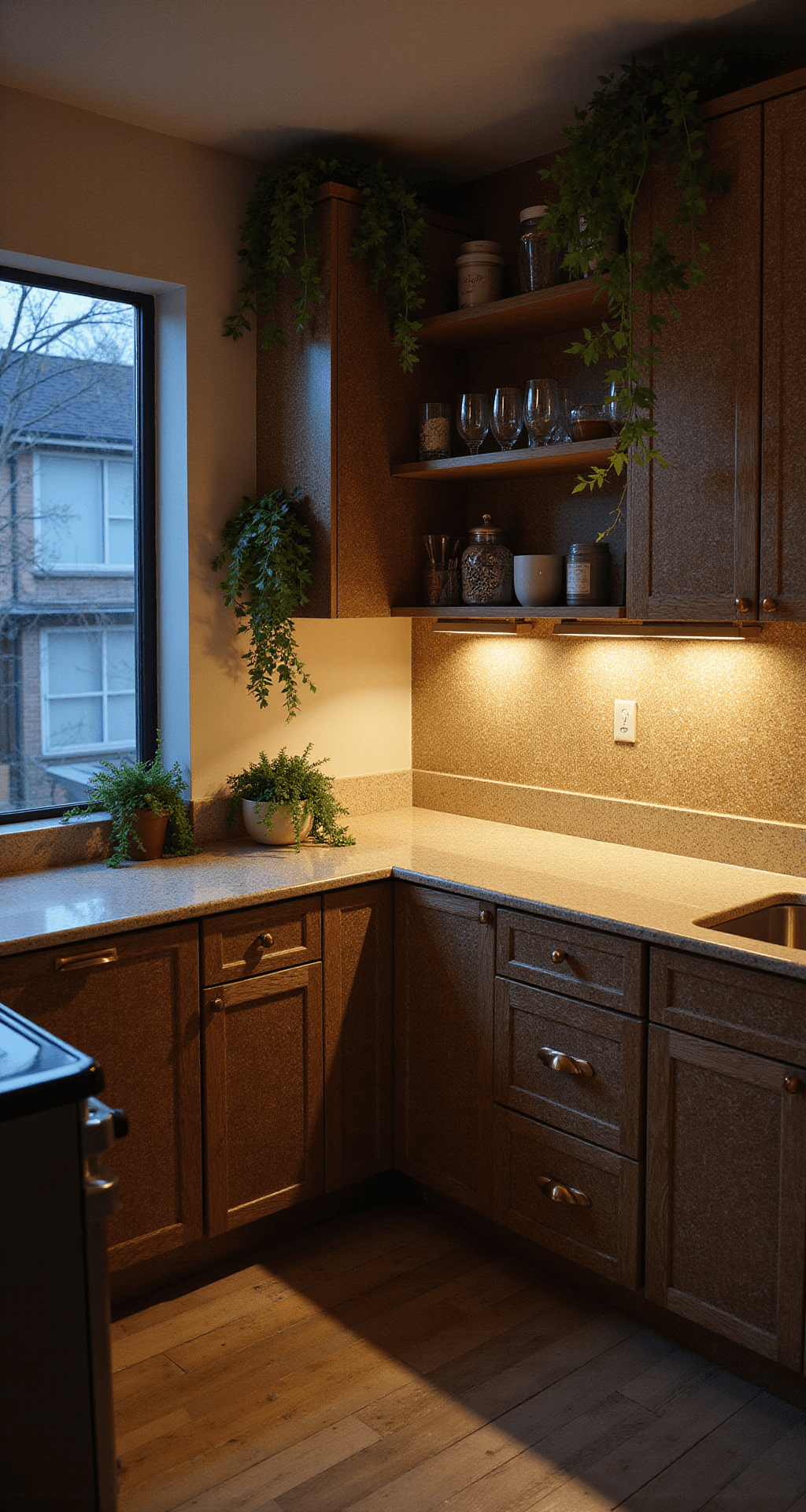 A cozy kitchen nook during blue hour featuring transformed rental cabinets with a trendy terrazzo pattern, warm under-cabinet lighting, gold pulls, trailing plants, and vintage glassware, captured at eye level to highlight depth and texture in a moody atmosphere.