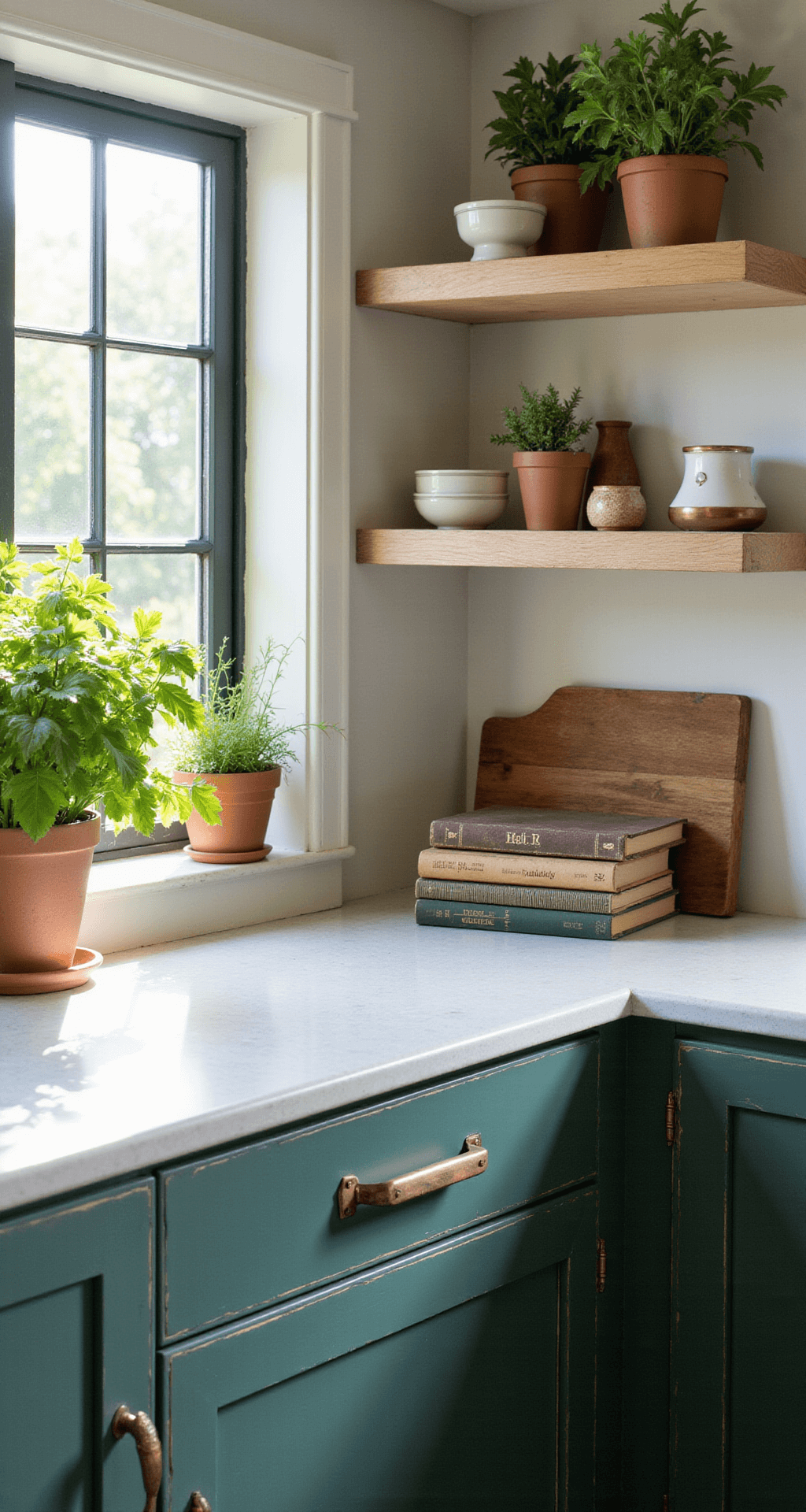 Detail shot of sunlit kitchen showcasing open shelving with whitewashed oak, deep forest green lower cabinets with antiqued copper pulls, and dappled morning light filtering through potted herbs, styled with vintage ceramics and cookbooks.