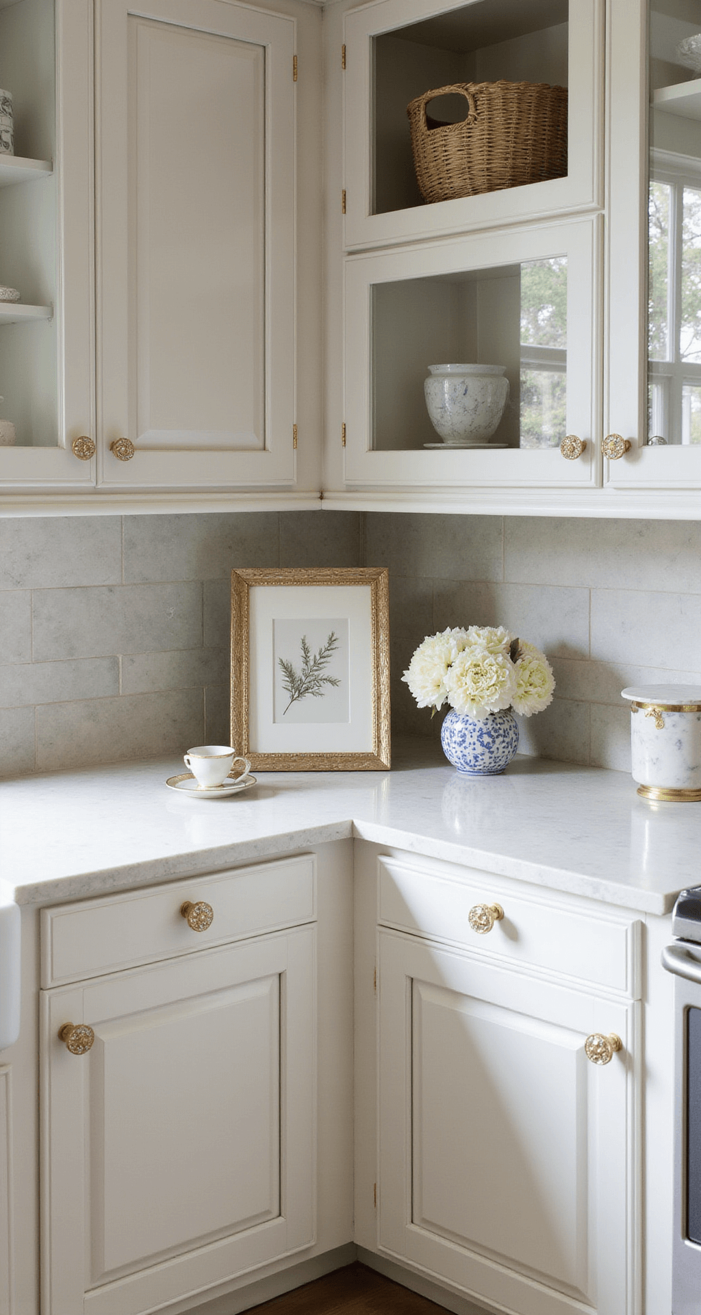 A stylish corner cabinet vignette featuring white shaker cabinets with crystal knobs and brushed gold handles, accented by fresh flowers and marble accessories, illuminated by soft afternoon light streaming through café curtains.