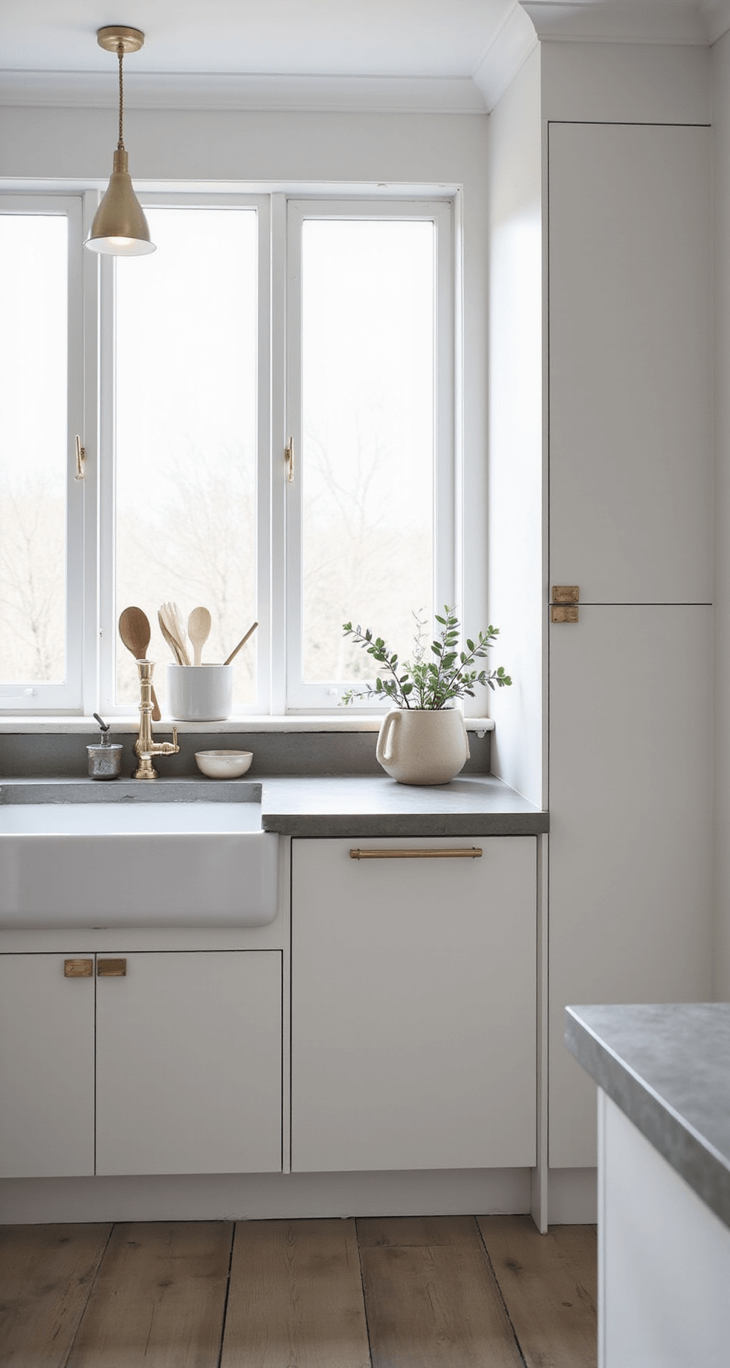 Bright Scandinavian kitchen featuring flat-front white oak cabinets with invisible handles, illuminated by soft morning light. The space showcases full-height windows, minimalist decor with white ceramics and a eucalyptus branch, and concrete countertops. The photo captures the cabinet texture at counter height with a neutral palette.
