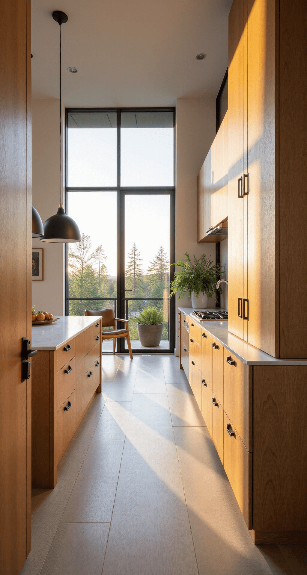 A modern kitchen featuring rift-cut white oak cabinets, marble waterfall island, and black matte hardware, illuminated by warm golden hour light through large west-facing windows.