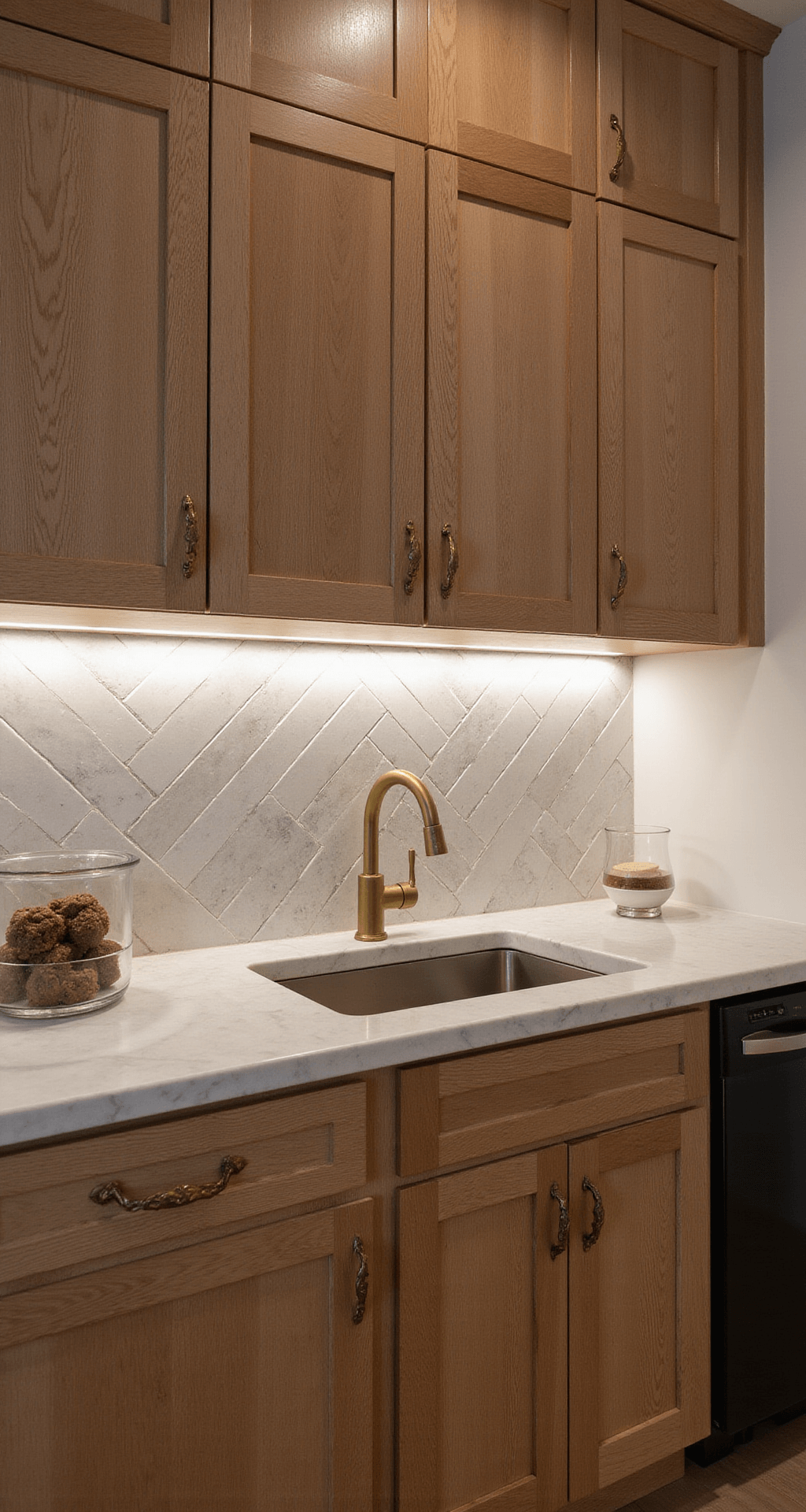 Intimate transitional kitchen with quartersawn white oak cabinets and brass hardware, featuring a herringbone marble backsplash illuminated by under-cabinet LEDs, captured at dusk to highlight the wood grain and moody ambiance.