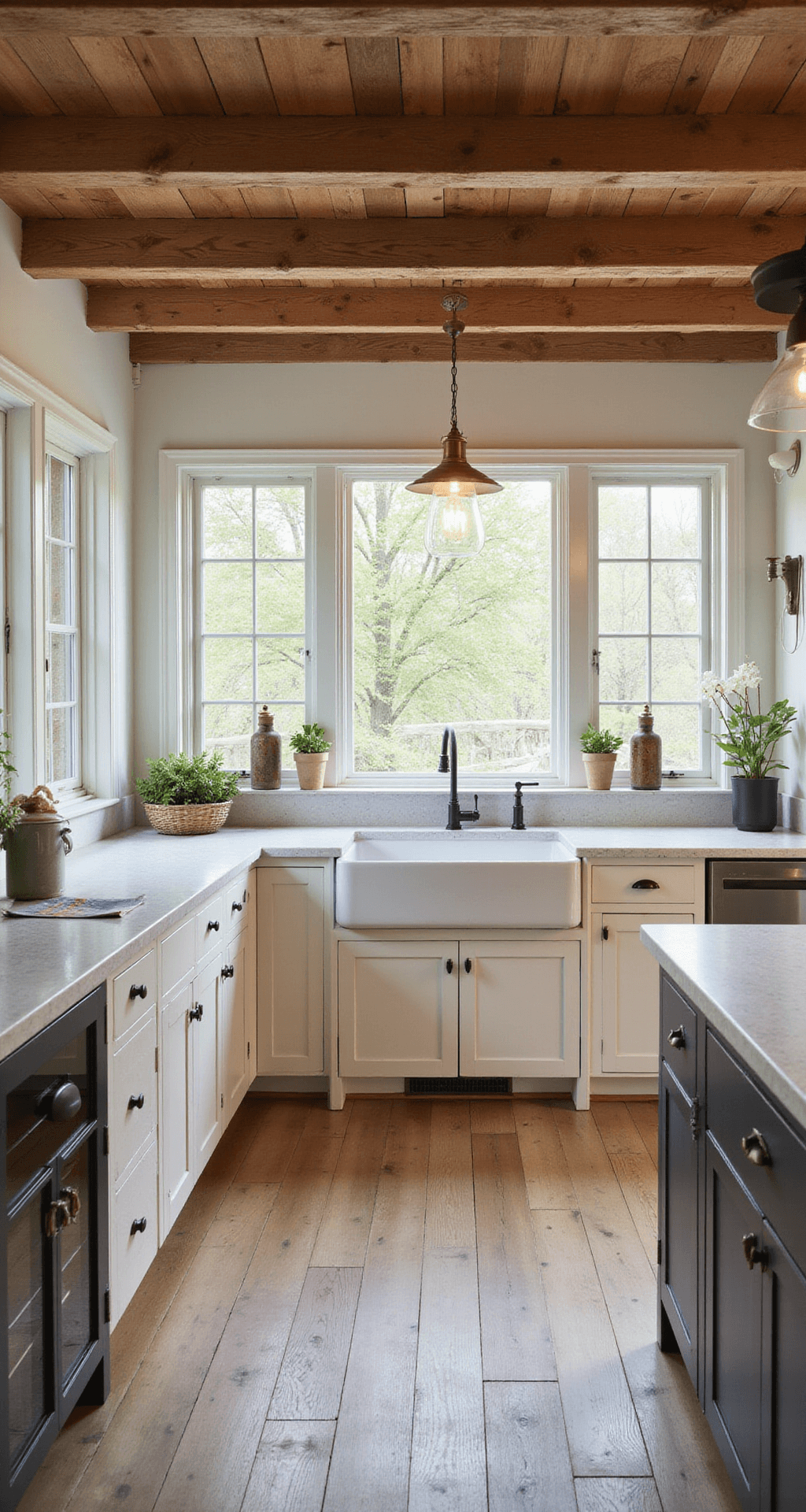 Bright and airy farmhouse kitchen featuring cerused white oak cabinets, raw wooden ceiling beams, and an oversized ceramic farmhouse sink, illuminated by vintage-style pendant lights in the morning light.