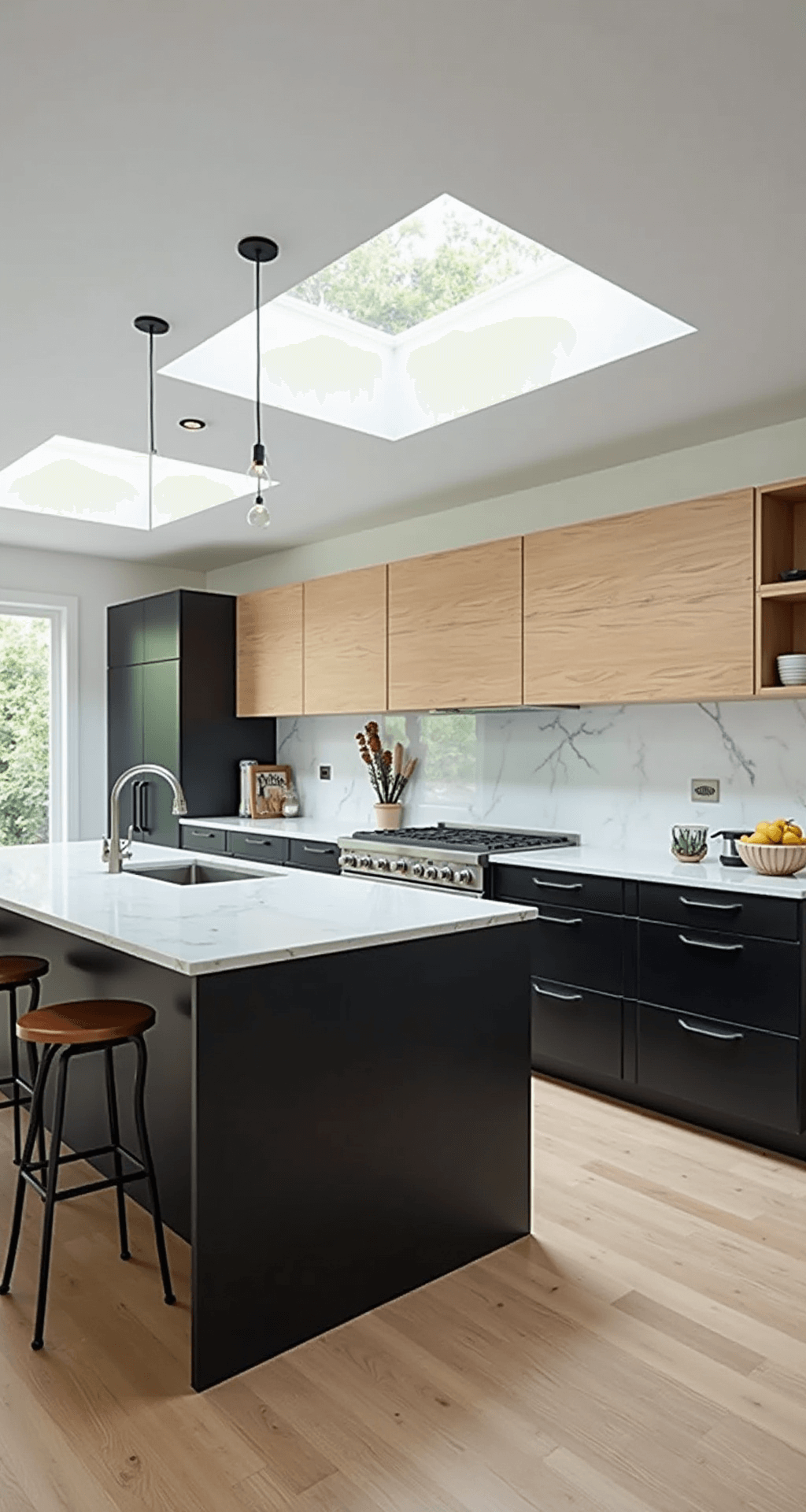 Contemporary open-concept kitchen featuring two-tone rift-cut white oak upper cabinets and matte black lower cabinets, viewed from the island perspective. Skylights provide diffused natural light, highlighting minimalist brushed steel pulls and the spatial flow of natural oak, deep black, and cool white elements.