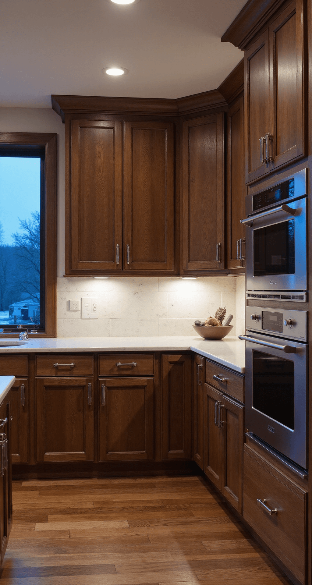 A luxurious chef's kitchen showcasing floor-to-ceiling white oak cabinets in a dark custom stain, walnut flooring, and integrated appliances, captured at blue hour from a low angle to highlight its height, with dramatic accent lighting illuminating the cabinet profiles against a palette of deep browns, polished nickel, white marble, and matte black details.