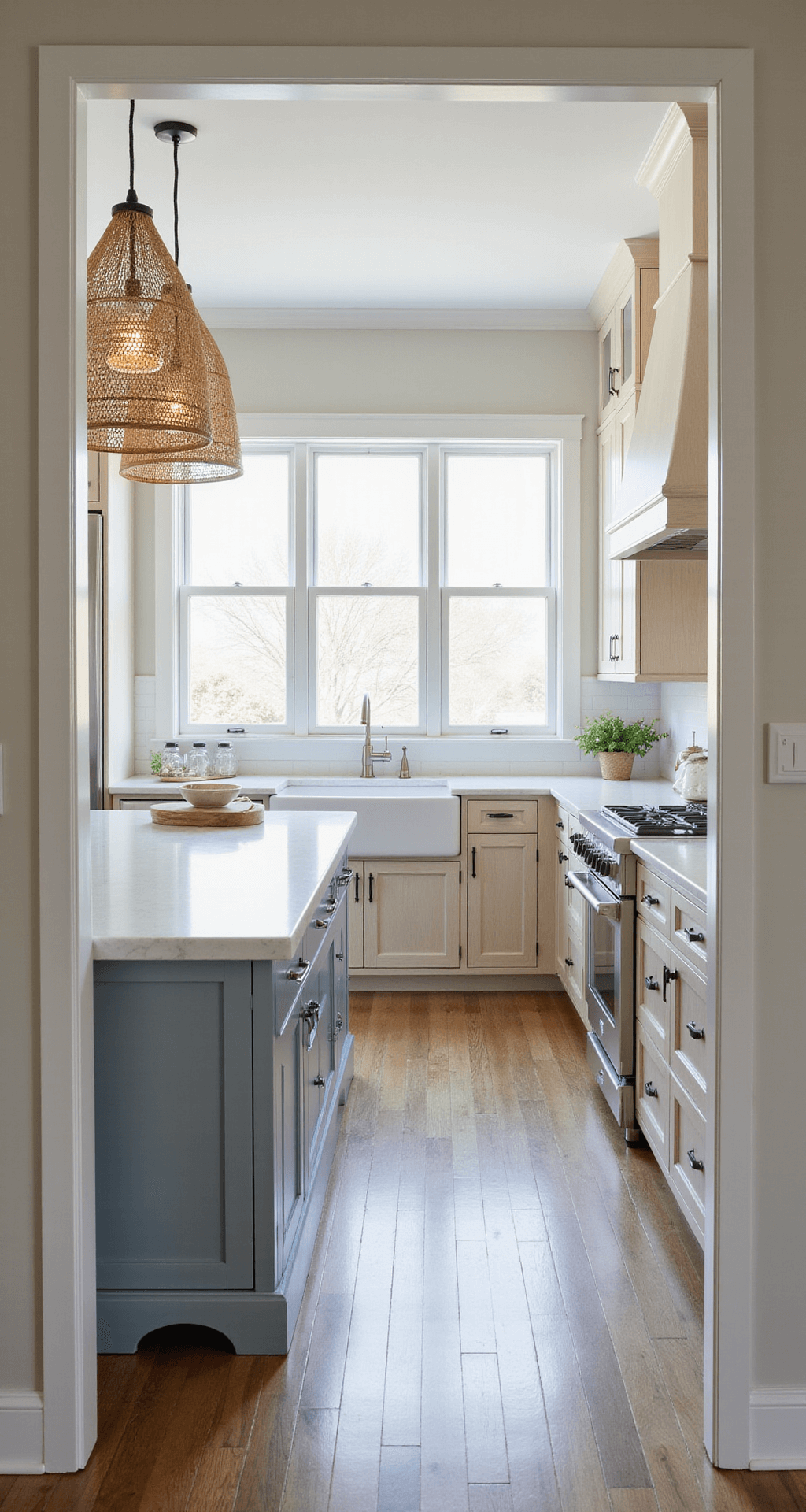 A bright coastal kitchen featuring limed white oak cabinets, a pale blue island, and white quartz countertops, illuminated by morning light and woven pendant lights, captured from the doorway to show the full layout.