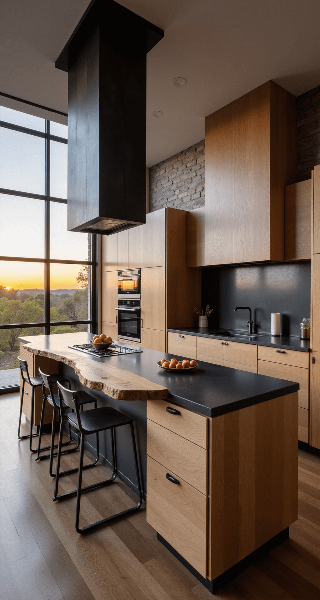 A modern kitchen featuring natural white oak cabinets with live edge details, black concrete countertops, and a sculptural hood in blackened steel, illuminated by dramatic side lighting at sunset, showcasing a warm palette of oak, charcoal, matte black, and accents of oxidized copper.