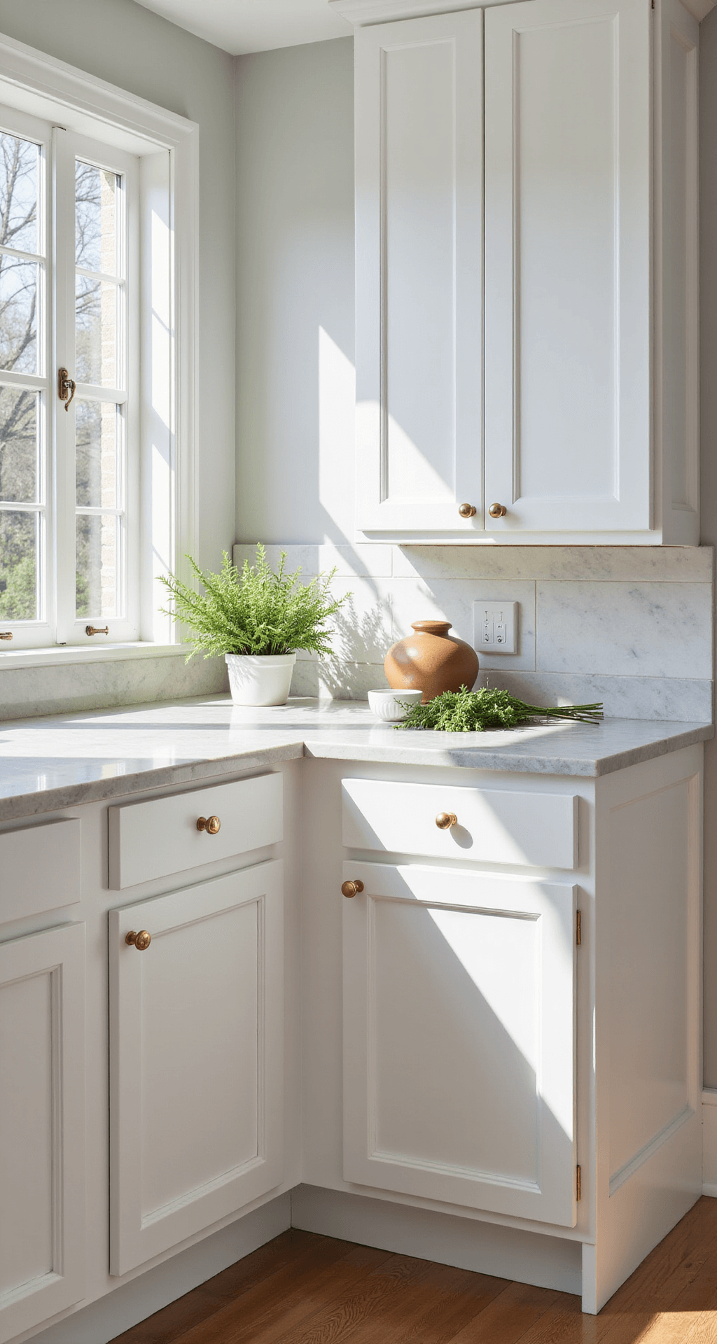A bright kitchen with floor-to-ceiling white Shaker-style cabinets, marble countertops, and artisanal ceramics, bathed in morning sunlight, showcasing a fresh and timeless aesthetic.