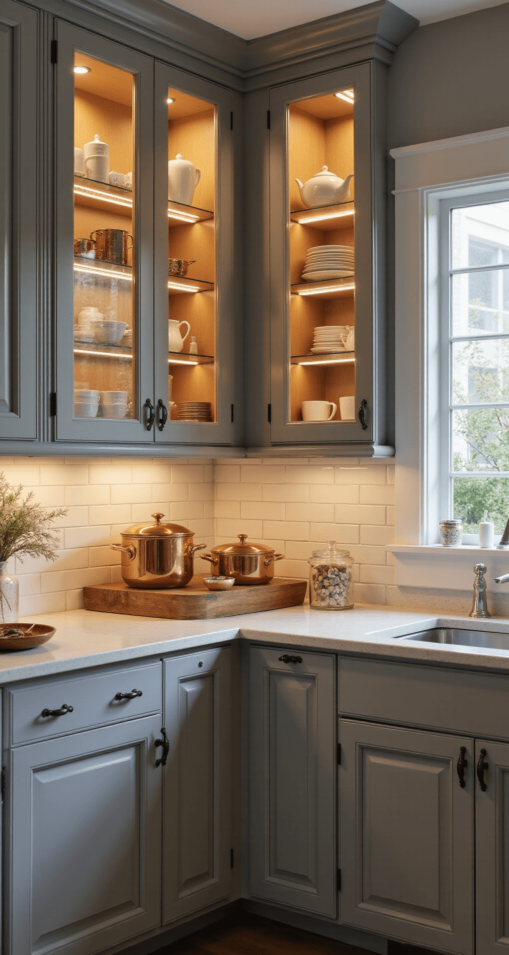 An intimate kitchen corner featuring elegant dove grey cabinets, glass-front upper cabinets with warm LED lighting, organized vintage copper cookware, and white porcelain, bathed in golden hour light.