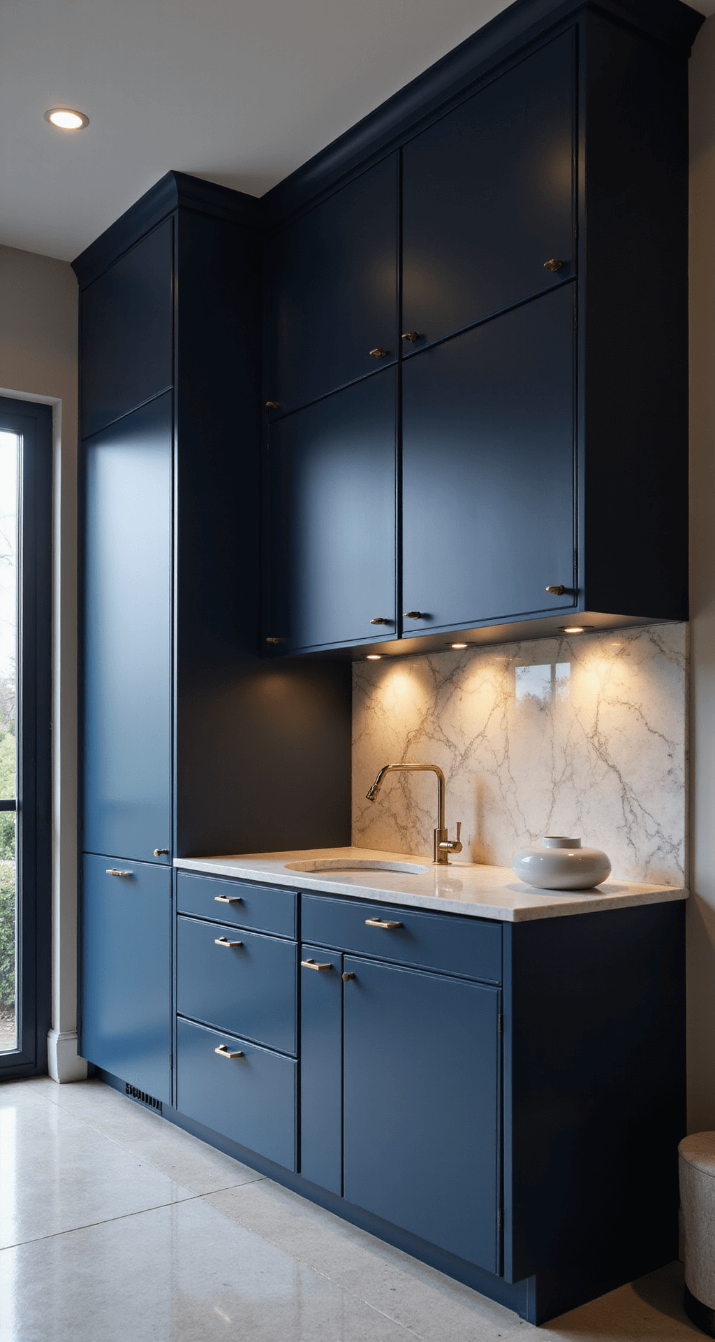 Contemporary kitchen featuring floor-to-ceiling Royal Navy blue cabinets, illuminated by moody lighting and strategic accent lights, showcasing a marble backsplash and minimal brass accessories against a sophisticated backdrop.