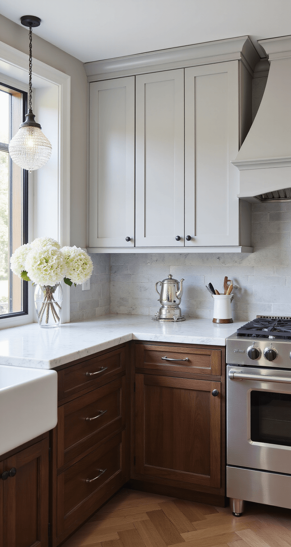 A transitional elegance kitchen featuring dark walnut lower cabinets and dove grey upper cabinets with polished nickel hardware, illuminated by crystal pendant lights. The corner shot highlights cabinetry details, with silver tea service, white hydrangeas, and marble accents on herringbone floors, all in a sophisticated neutral palette.