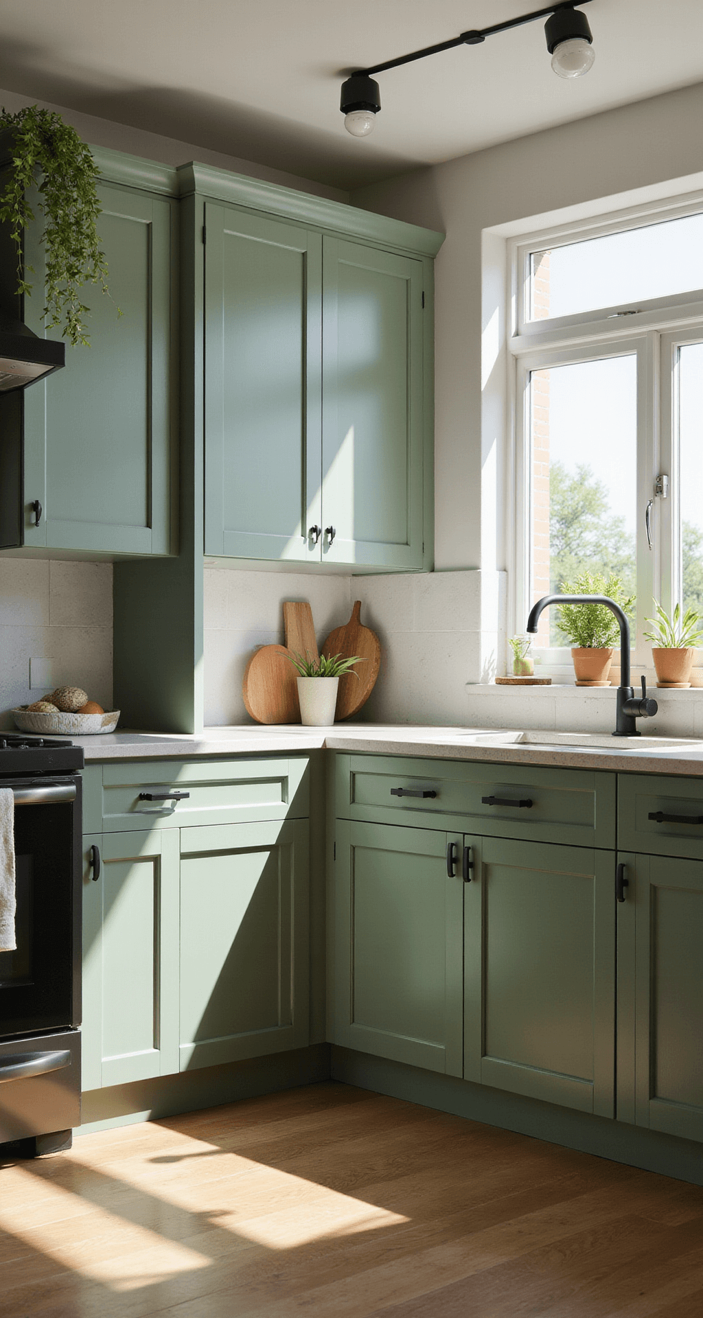 A bright 15x15ft kitchen with Catalina Meadow Green slab-front cabinets, white oak flooring, and modern black matte hardware. Morning light enhances the organic green tones, while trailing plants and natural elements add freshness to the contemporary design.