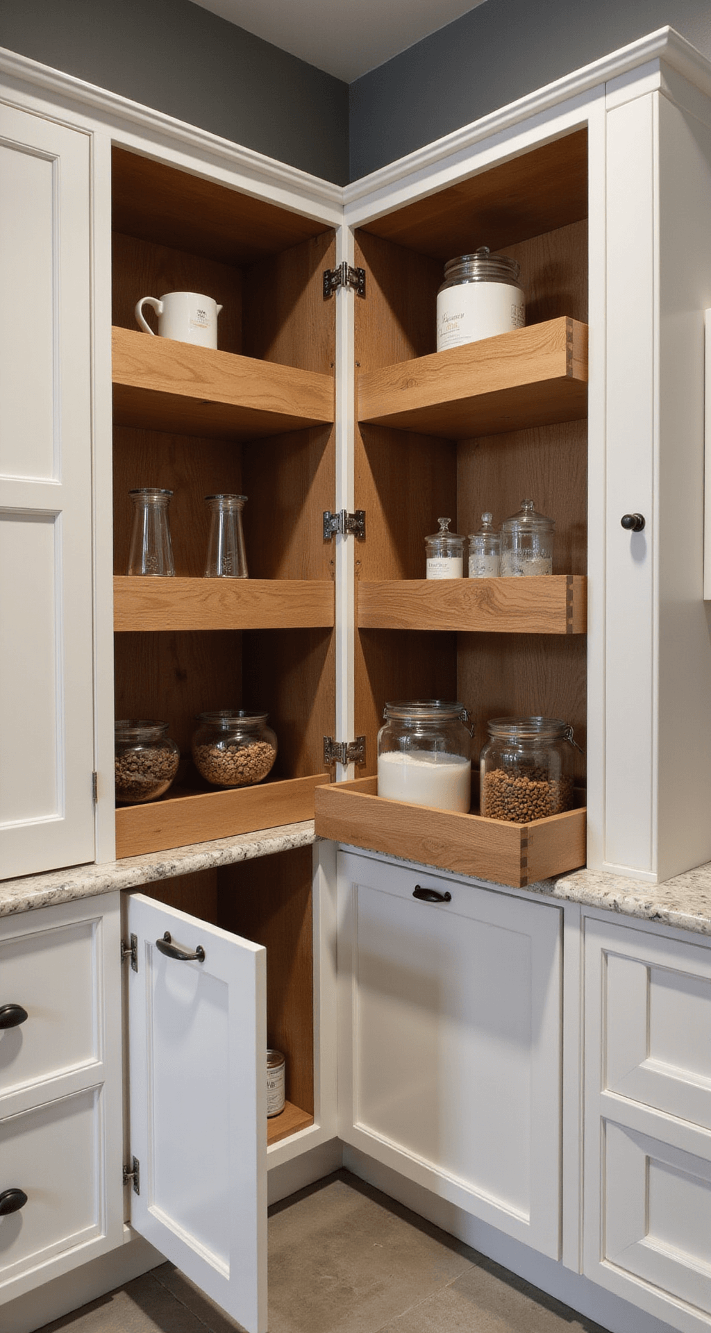 Detail shot of a modern corner cabinet in a 10x12ft kitchen, featuring innovative pull-out shelving in warm walnut against white cabinets, illuminated by overhead lighting that casts shadows on functional elements, showcasing minimal styling with organized everyday items and highlighted mechanical features.
