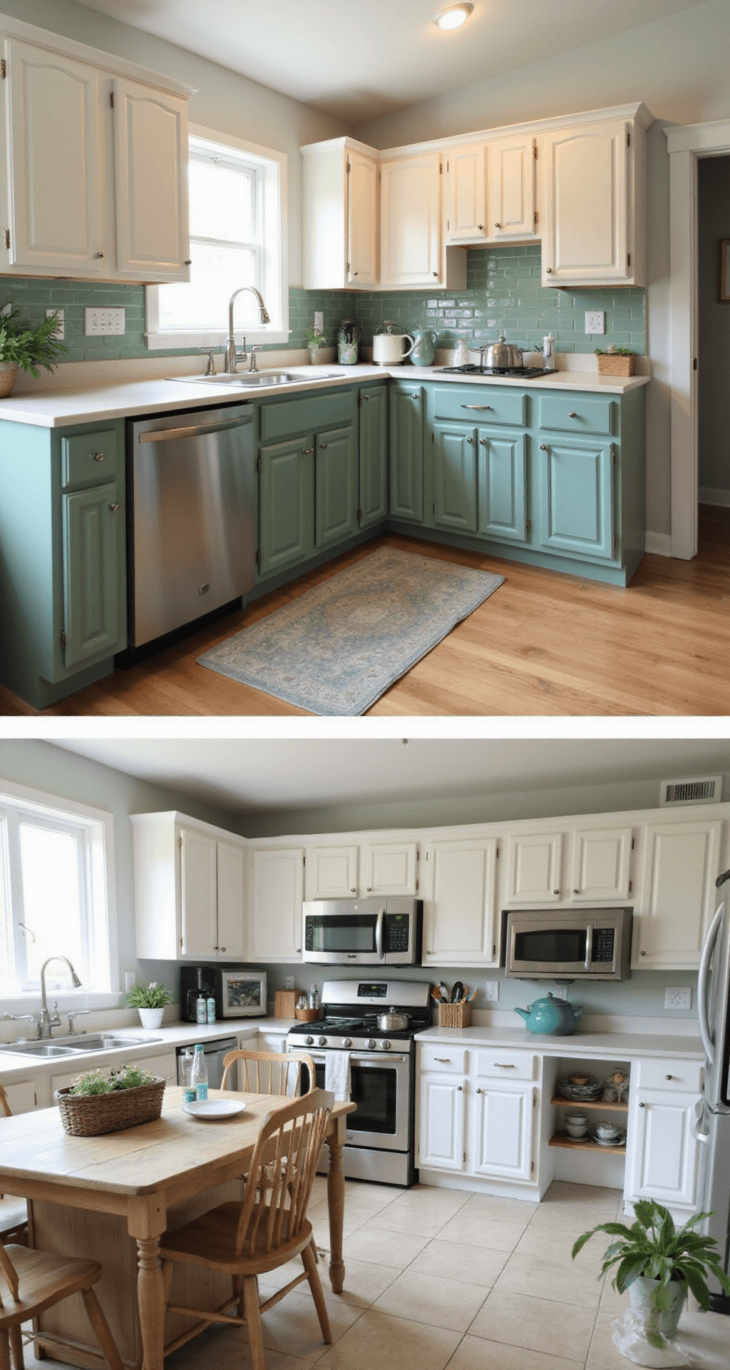 A budget-friendly kitchen transformation featuring two-tone RTA cabinets with deep sage green lower cabinets and cream upper cabinets, captured in a 12x14ft space filled with soft afternoon light, showcasing a DIY aesthetic and affordable accessories that enhance the welcoming and creative atmosphere.