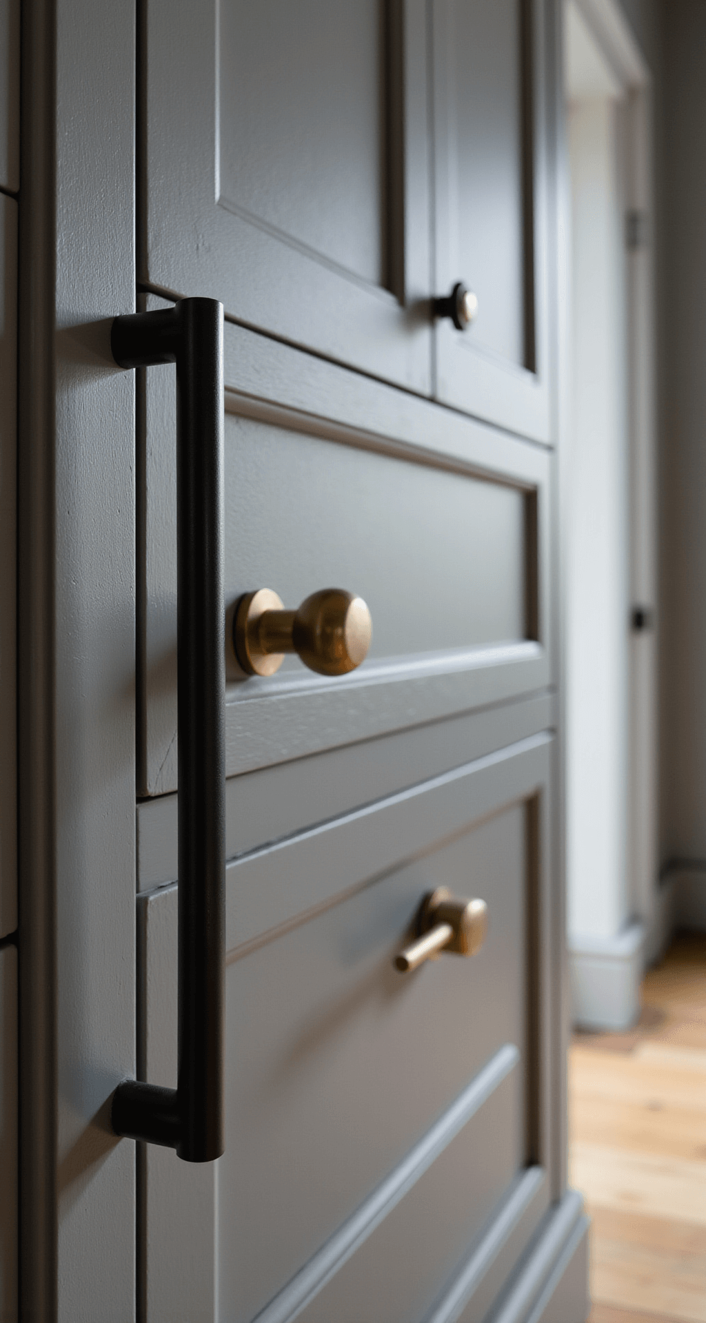 Close-up of mixed-metal hardware on grey-painted kitchen cabinets, featuring matte black and brushed brass finishes, illuminated by evening directional lighting to highlight texture and detail in a modern, luxe setting.