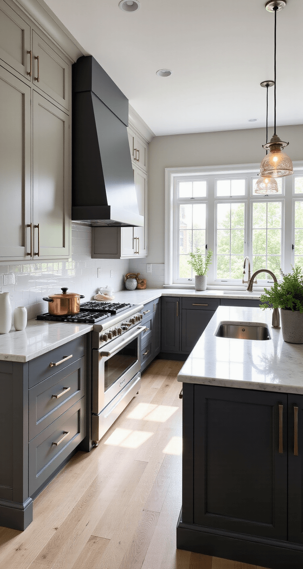 A contemporary kitchen featuring dove grey Shaker-style cabinets, white marble countertops, and a large island with charcoal grey cabinetry, illuminated by morning light from floor-to-ceiling windows, with copper cookware and fresh herbs decorating the space.
