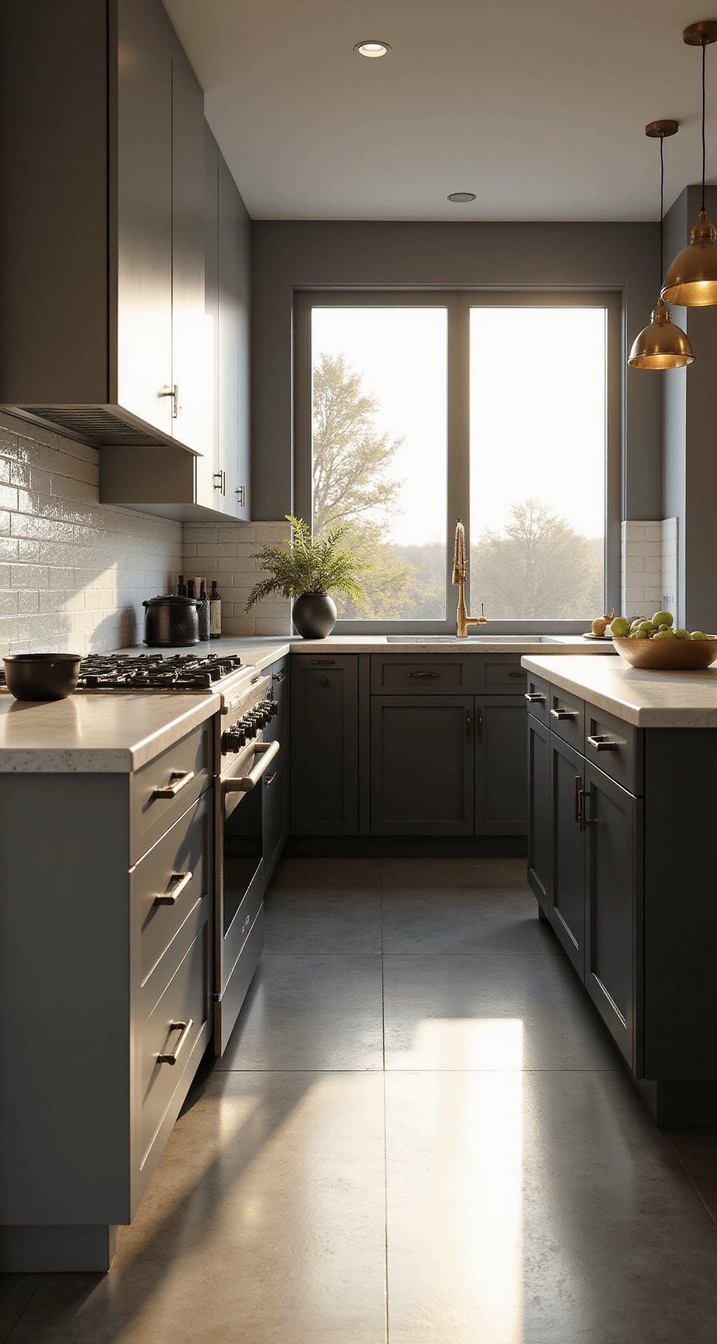 An elegant L-shaped kitchen at golden hour, showcasing two-tone grey cabinetry, a white quartz waterfall island, warm brass pendant lights, and textured subway tile backsplash, with dramatic shadows and minimal styling.