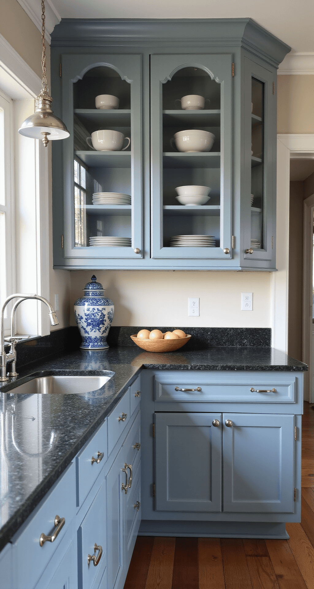 A cozy 10x12ft kitchen featuring blue-grey cabinets that transition from steel blue to warm grey under afternoon light, glass-front upper cabinets showcasing white dinnerware, deep charcoal honed granite countertops, vintage schoolhouse pendant lights, and blue-and-white chinoiserie vases with polished nickel accents.