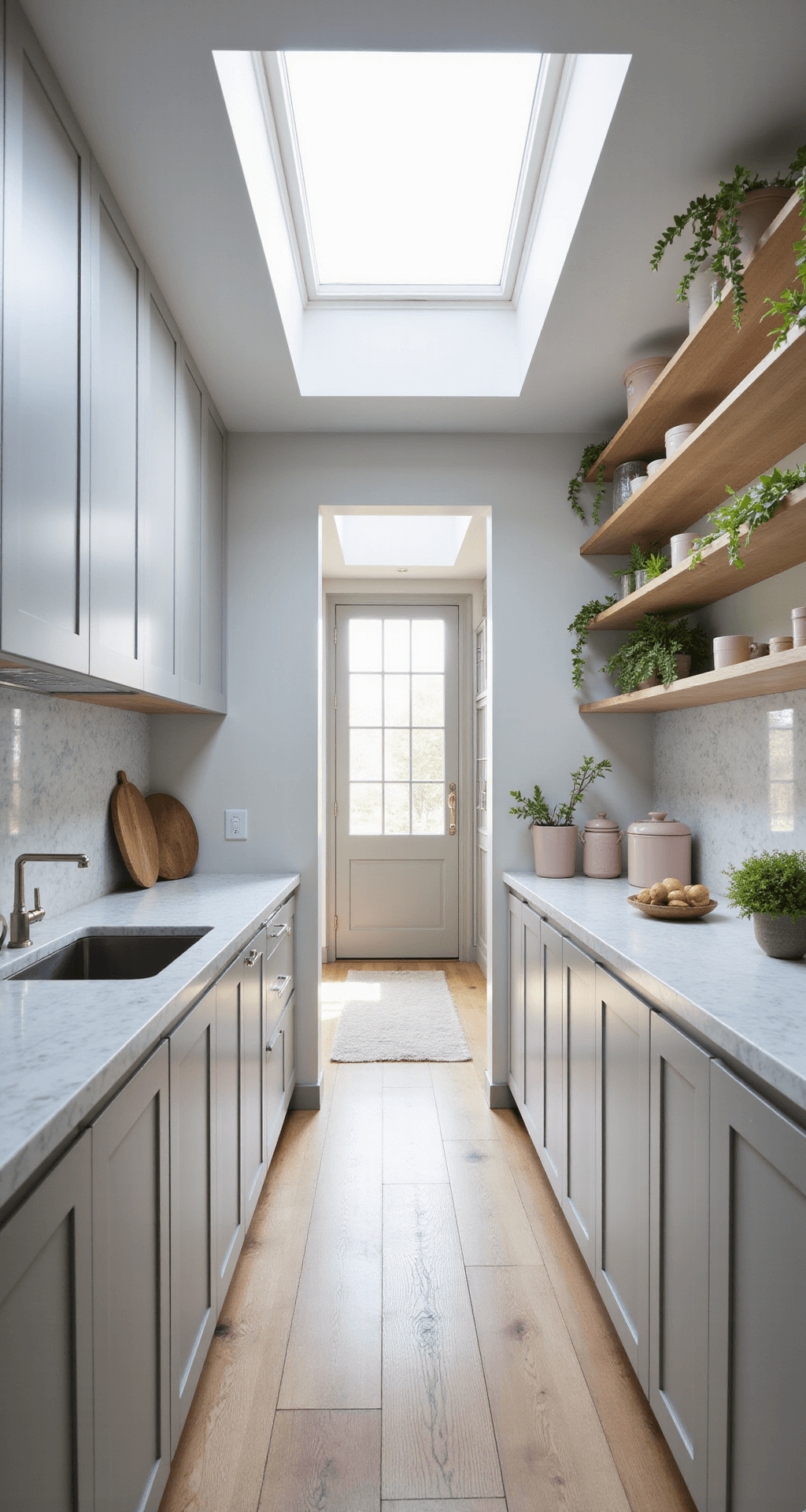 Sun-filled galley kitchen featuring dove grey flat-panel cabinets, white oak open shelving, Carrara marble backsplash and counters, skylights above, pale pink ceramics, glass canisters, and trailing plants, all set against warm pale oak flooring.