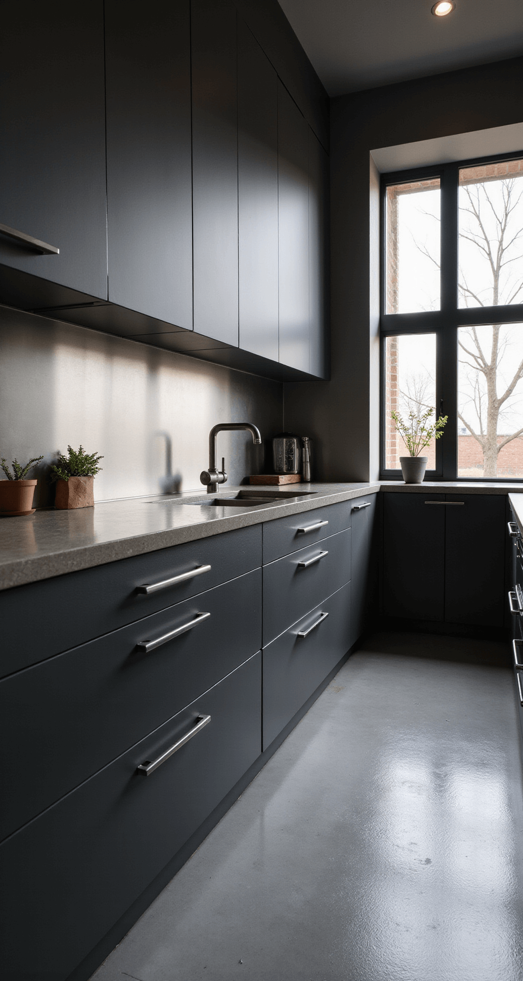 Industrial-chic kitchen with dark slate grey cabinets, polished concrete countertops, and stainless steel backsplash, illuminated by floor-to-ceiling windows, featuring minimal styling and chrome accessories on smooth grey epoxy flooring.