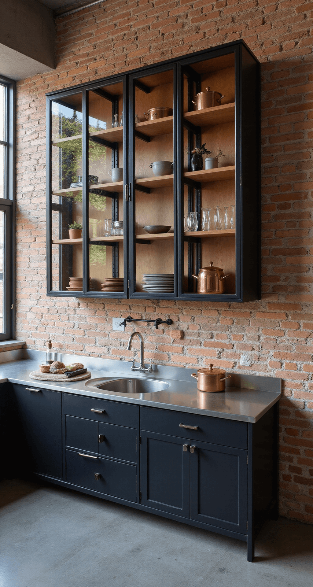 Industrial modern kitchen with black metal-framed glass cabinets, warm wood shelving, and an exposed brick wall, featuring copper cookware and stainless steel counters, captured in afternoon light to highlight geometric patterns.